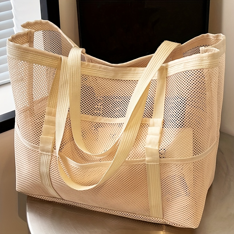 perfect lily lightweight mesh shoulder bag breathable synthetic fabric wide strap for     with peekable interior ideal for beach shopping gym   in black beige green gray gym accessory   durable construction