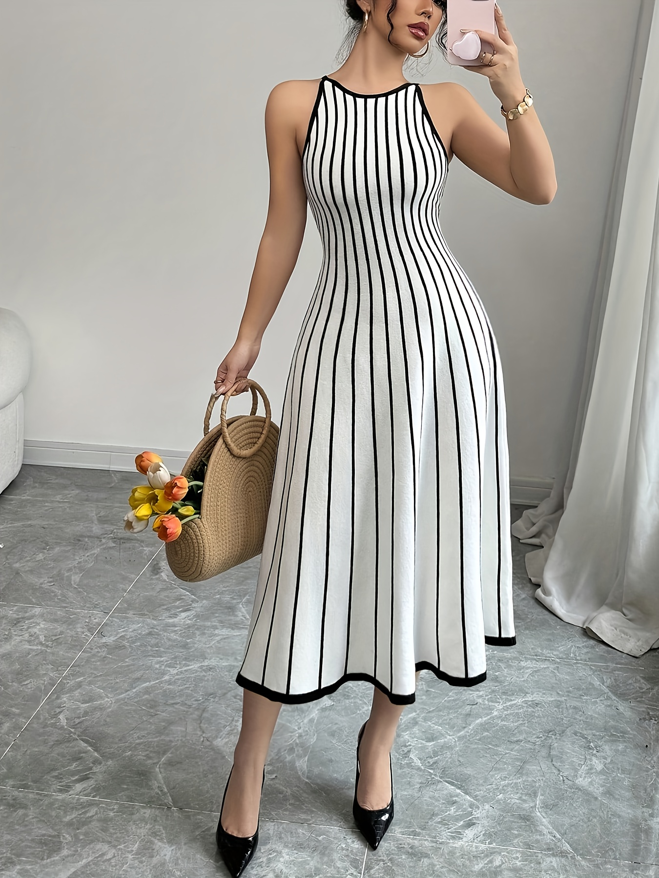 YY0223148, Women's Casual Fashion Versatile Striped Print Camisole Dress