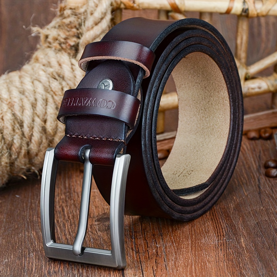 COWATHER Men's Retro Button Buckle Cowhide Belt