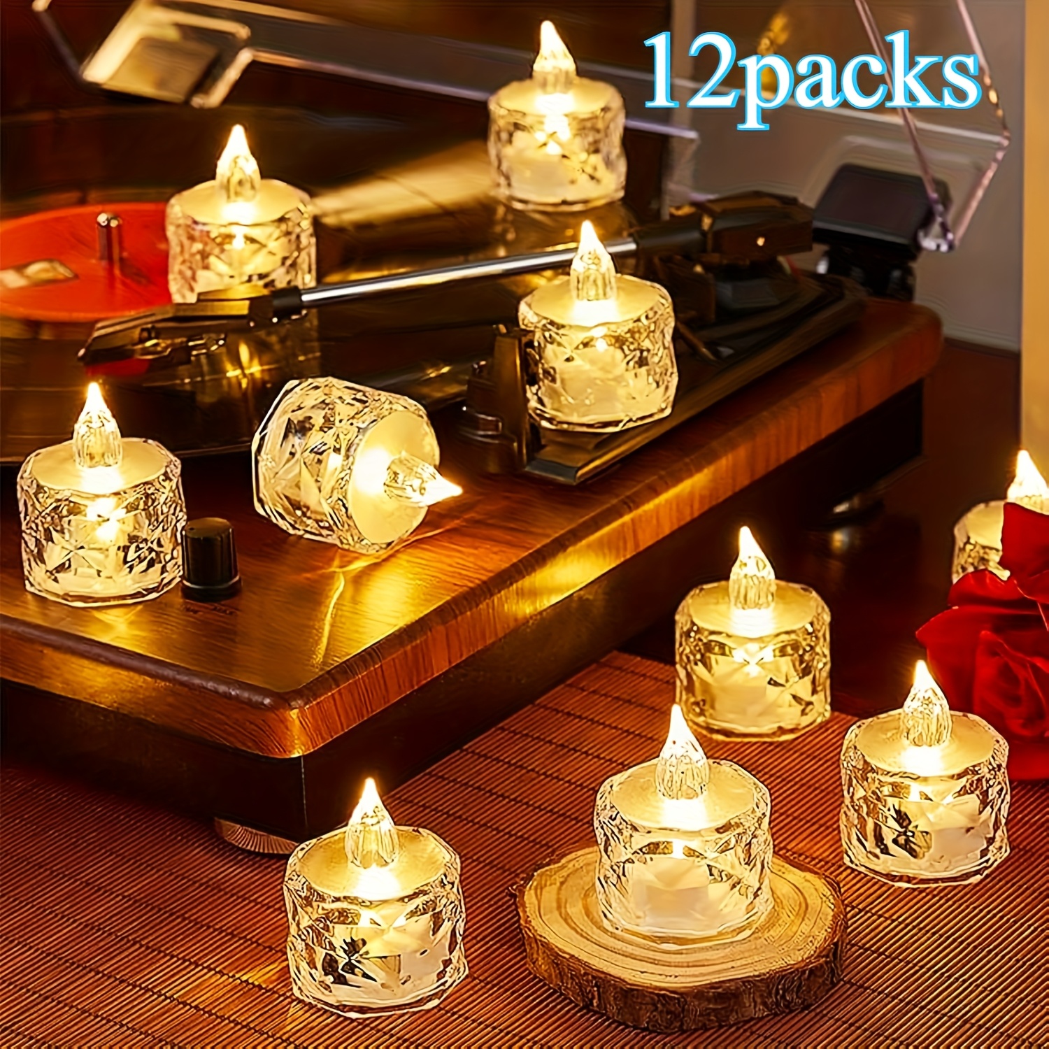 Image of 12-pack Crystal-look Flameless Led Candles, Battery-operated Tea Lights With Realistic Flickering Flame For Home Decor, Christmas, New Year, Valentine's Day, And