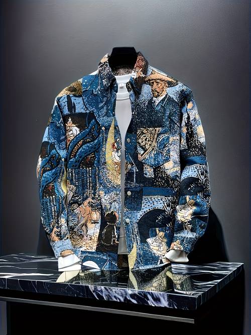 mens casual streetwear long sleeve shirt with abstract oil painting embroidery blue button up jacket machine washable versatile for outdoor hiking parties daily wear versatile clothing artistic embroidery nonstretch fabric