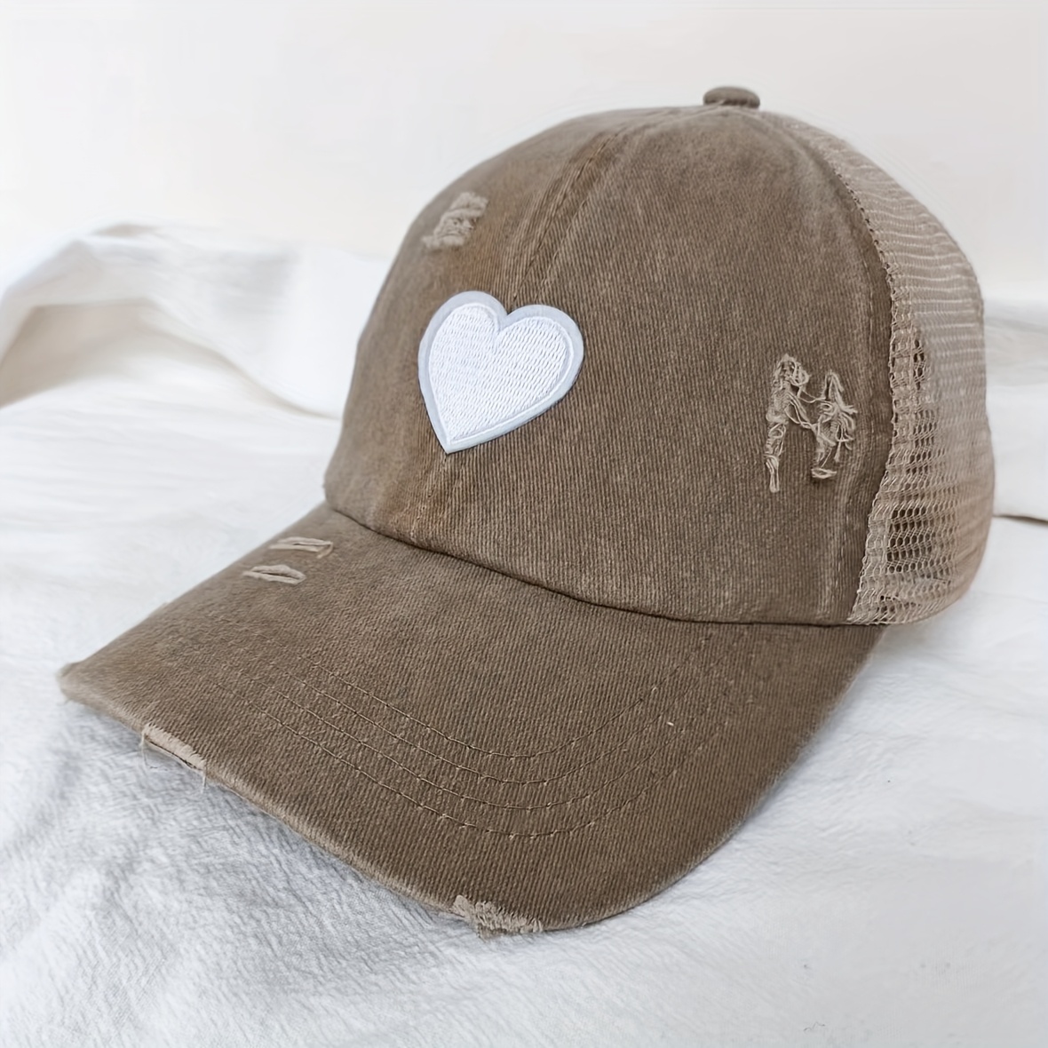 New Custom Designed Brown Distressed Baseball Cap with Gold Beaded Heart Custom Embellished Baseball Cap | Tawni Haynes Apparel main image 2