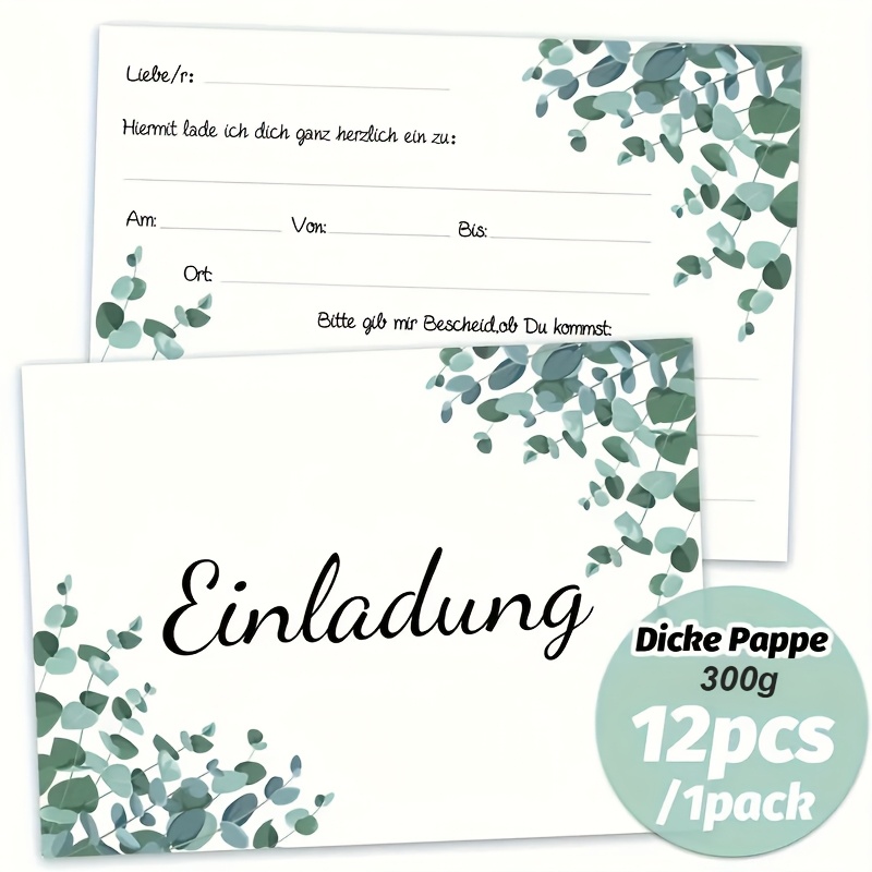 Image of 12pcs Per Pack, Elegant German Eucalyptus Floral Invitation Cards, Suitable For Weddings, Baby Showers, Teen Parties, And Birthday Invitations