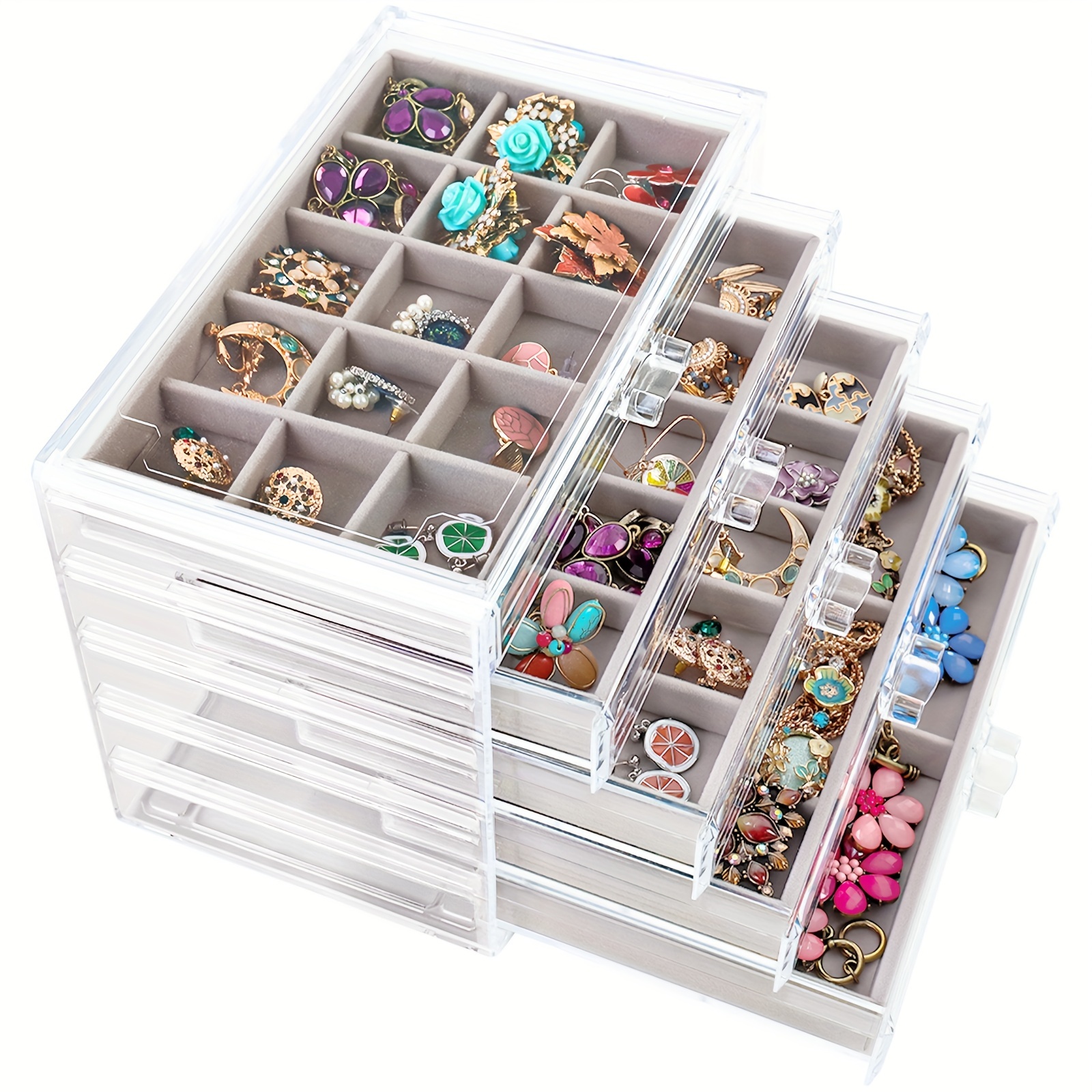 

1 Pc Gray Acrylic Jewelry Organizer Jewelry Box For Women, Drawer Storage Box, Velvet Earring Holder Organizer For Earrings, Ring, Bracelet, Necklace, 9.25×5.5×6.5 Inches