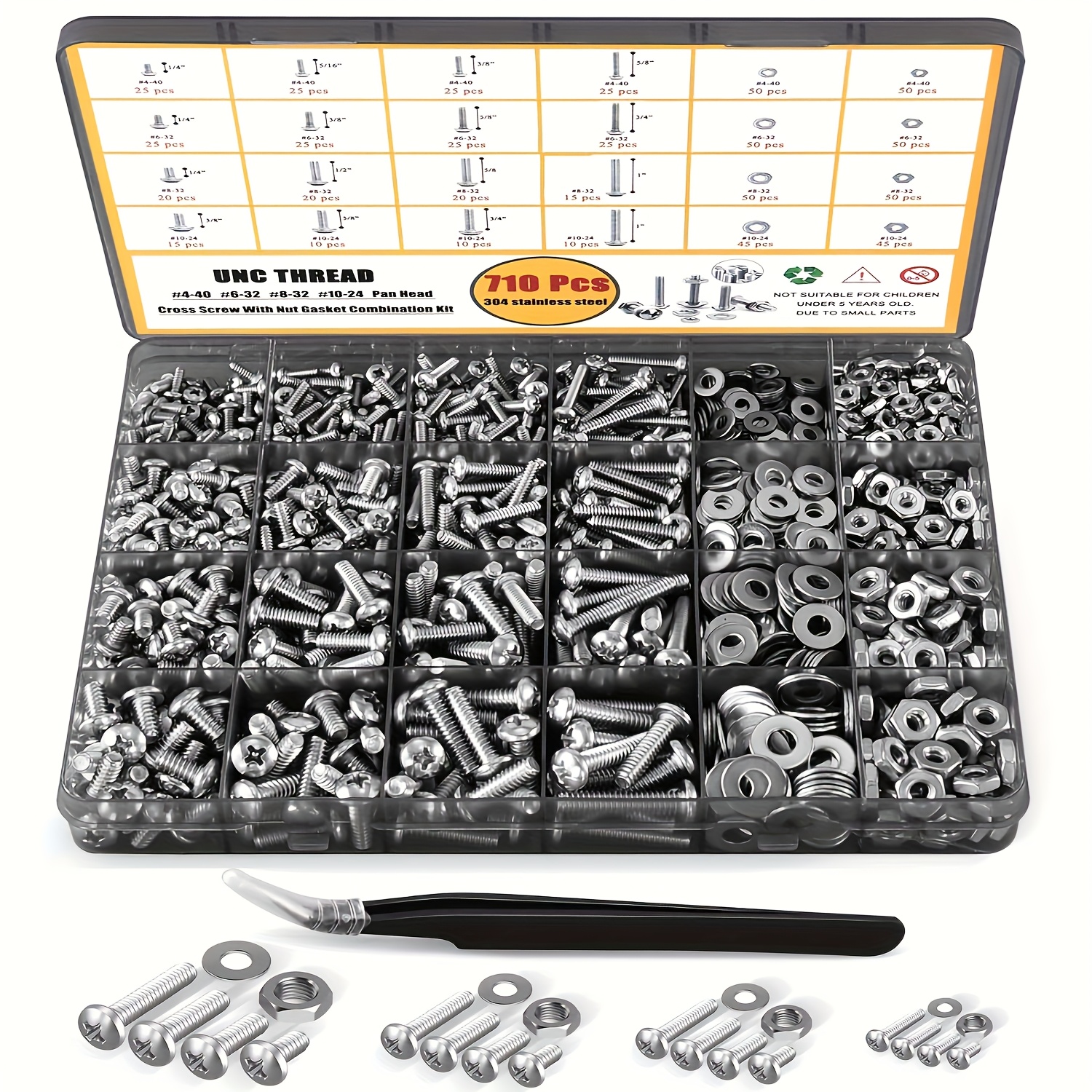 Juego de 710 piezas de tornillos y tuercas de acero inoxidable - Tamaños #4-#10, cabeza plana cruzada, incluye tapones, con caja de almacenamiento duradera, hardware para mejoras del hogar.