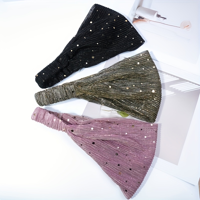 Image of 3pcs Women's Stylish Headbands With Sequins For Covering Gray Hair, Retro Wide Hair Ties For Washing Face And Styling