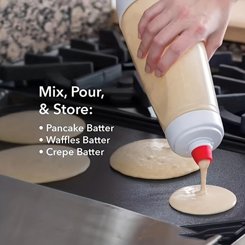 1pc Silicone Pancake Batter Dispenser Bottle with Stirring Ball & Wire Whisk - Easy-Squeeze Baking Tool for Precise Mixing, Non-Electric Kitchen Accessory for Pancakes, Waffles, Cakes, Muffins, Crepes