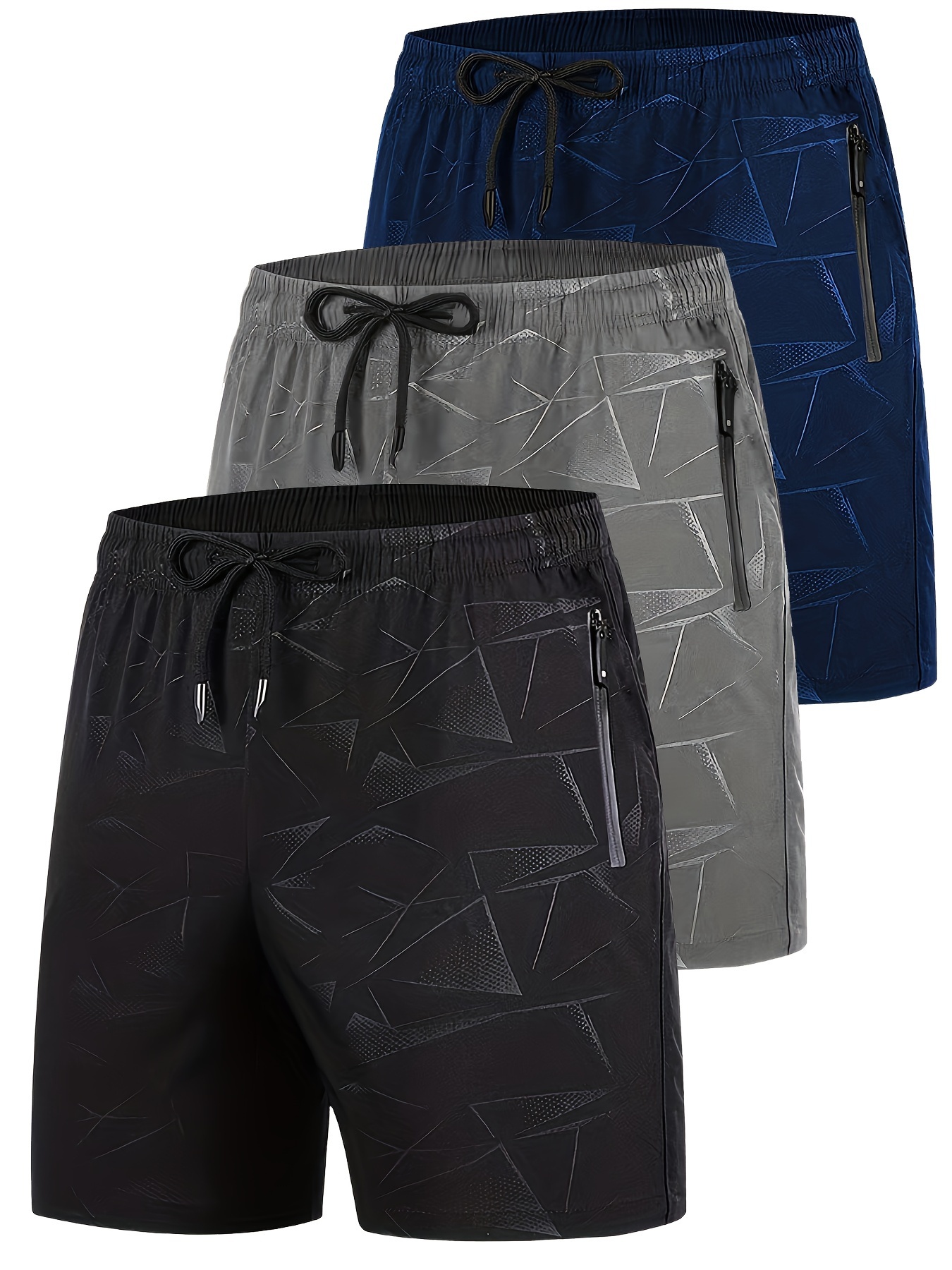 3pcs Men's Athletic Shorts - Quick-Dry Breathable Stretch Fabric with Geometric Print, Adjustable Drawstring Waist & Zipper Pockets for Gym, Running, Cycling, Hiking, Beach & Casual Wear