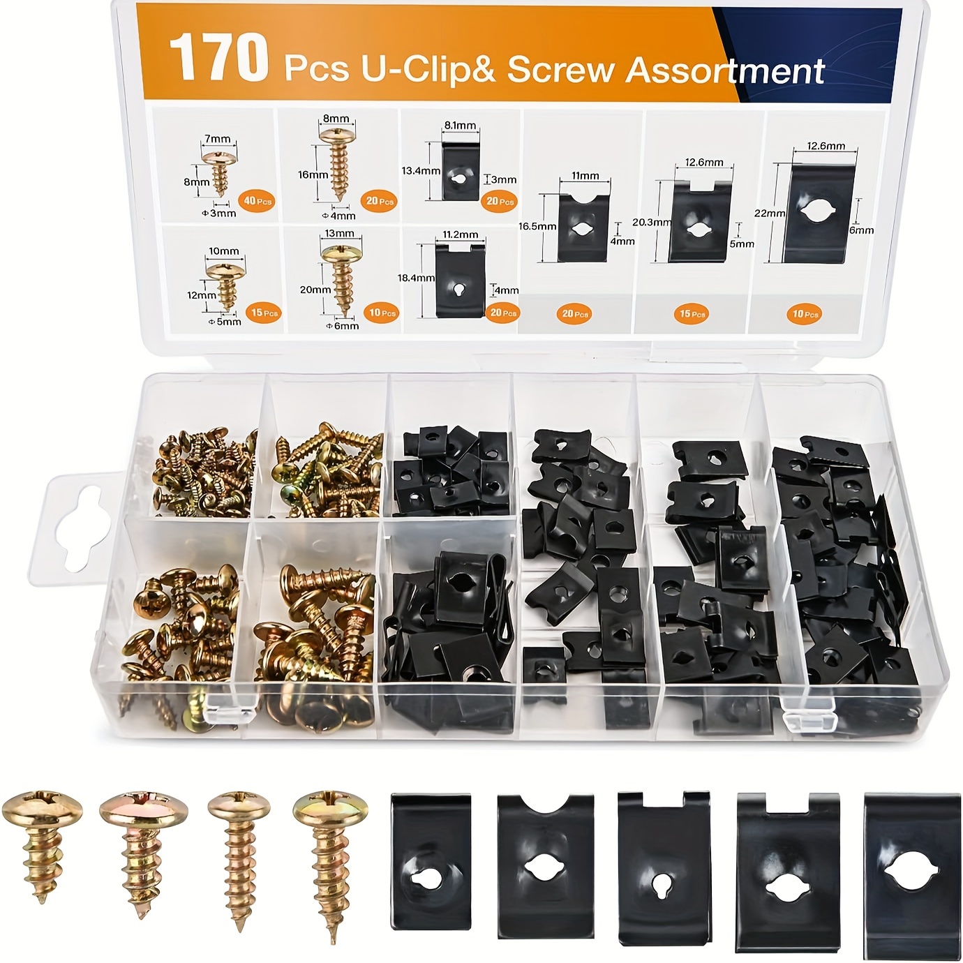 Image of A Set Of 170 Automotive U-shaped Clips And Screws, Featuring 9 Different Sizes Of U-nuts And Screw Clips, Suitable For Replacing Parts In Dashboard Door Panels
