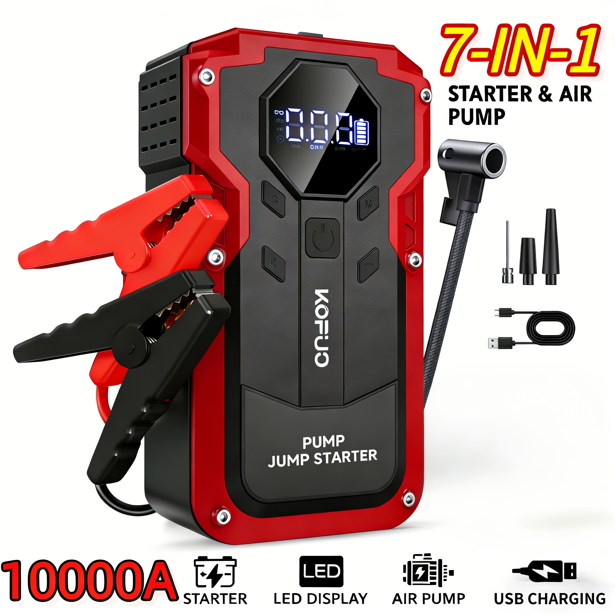 TEMU Kopuo 6000a/7000a Jump Starter Optional 10000a 12v Car Jump Starter With Air Compressor, Heavy Duty Pack With 150psi Portable Tyre Inflator,