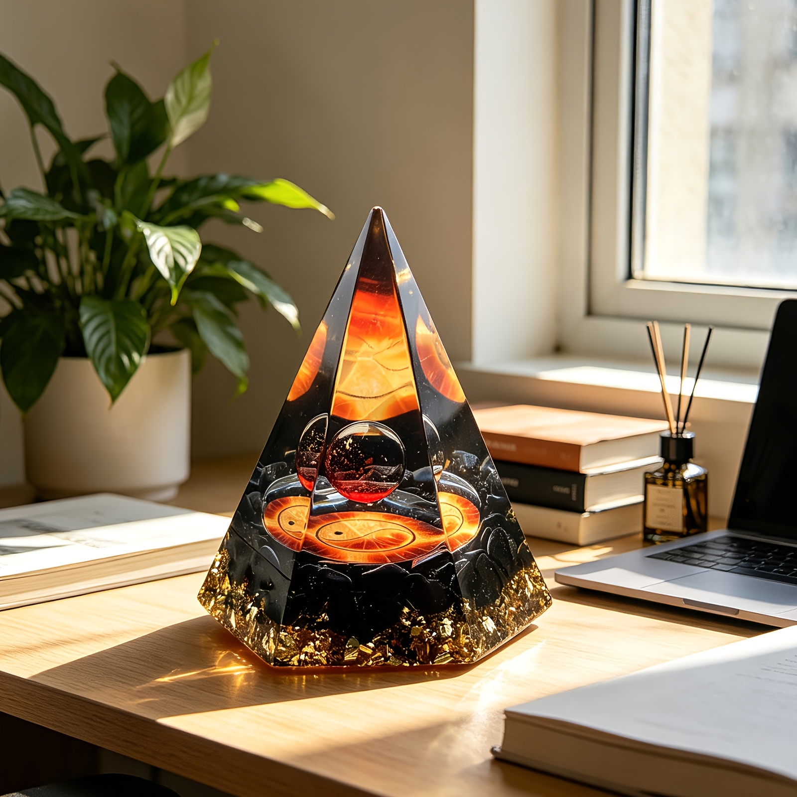 TEMU 1pc 6cm/2.36in Hexagonal Cone Pyramid Ornament. Natural Obsidian Orange Yin Yang Tai Chi Orgone Ornament. Gift Box Packaging, A Novelty Gift For