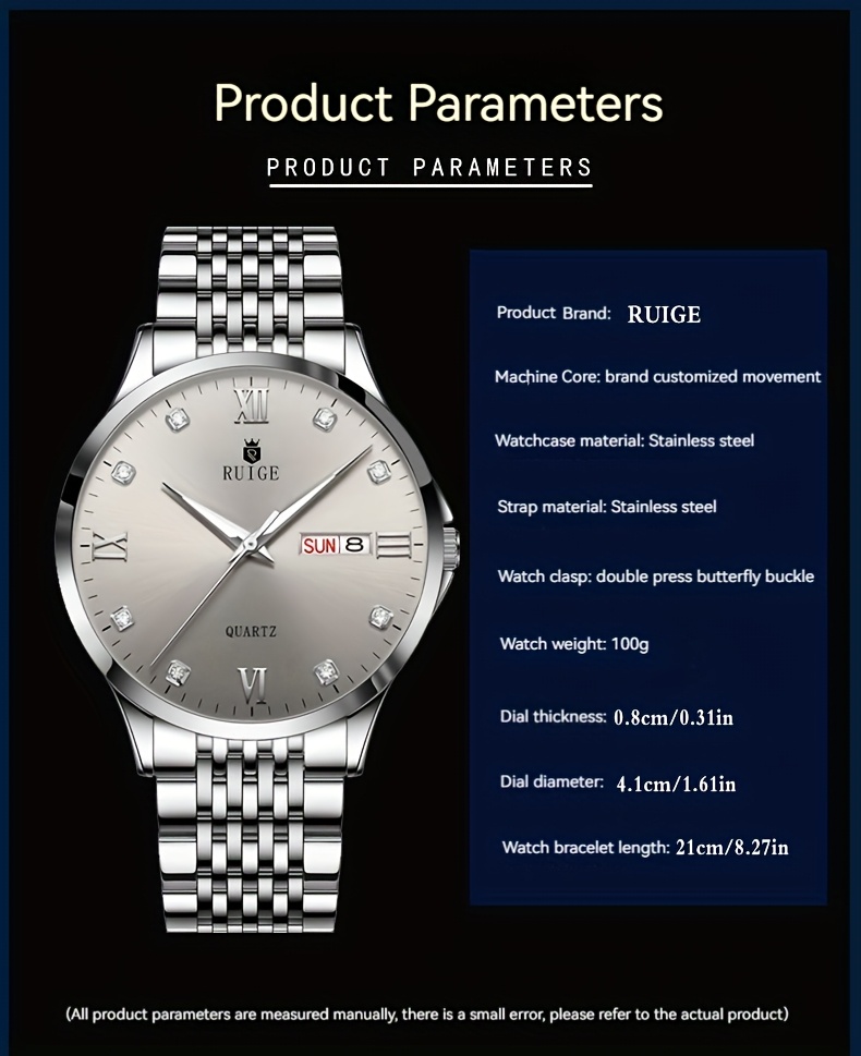 mens stainless steel quartz watch elegant glow in the dark dial with calendar roman date display design thanksgiving day gifts details 3