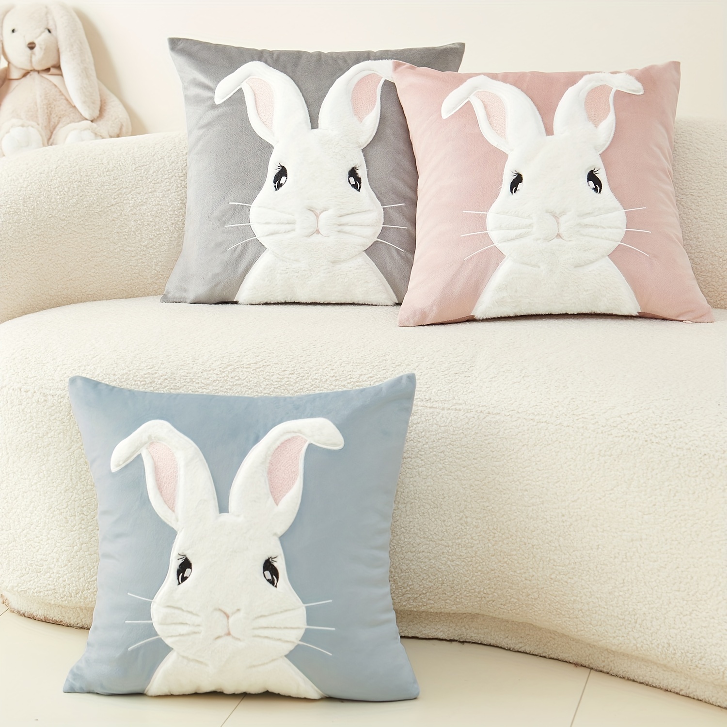 

1pc Easter Bunny Velvet/ Fur Cushion Cover - Soft & Cozy Rabbit Embroidered Pillowcase, 17.7x17.7", Zip Closure, Machine Washable, Ideal For Sofa & Bedroom Decor, Light Blue/pink/gray (no Insert)