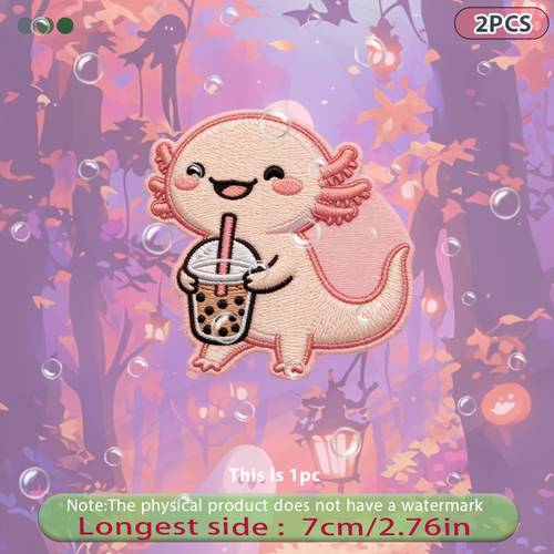 2pcs adorable pink plush dragon holding bubble tea with cute cheeks and heat transfer stickers are suitable for flat fabrics such hats canvas bags throw pillows leather bed sheets carpets