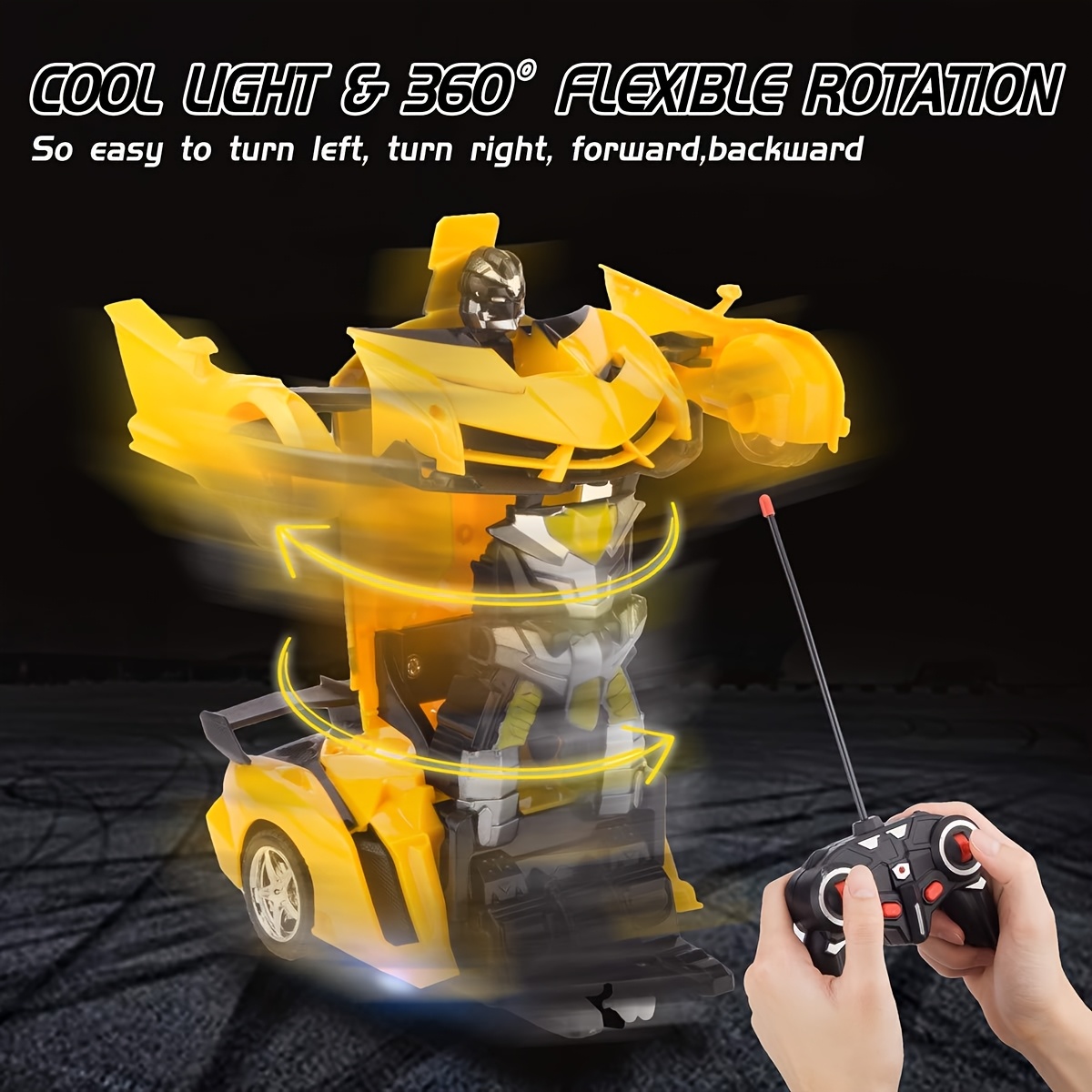 1:18 Scale Yellow Robot Transforming Remote Control Car for Youngsters - 360° Rotating LED Lights, 14KM/H, Rechargeable Lithium Battery (800mAh*2), USB Charging, Flashing Taillights & Headlights, Futuristic Design - Perfect Christmas or Birthday Gift, Fun Outdoor Play | Sleek Aerodynamic Design | Rechargeable Toy, SHOLLAR