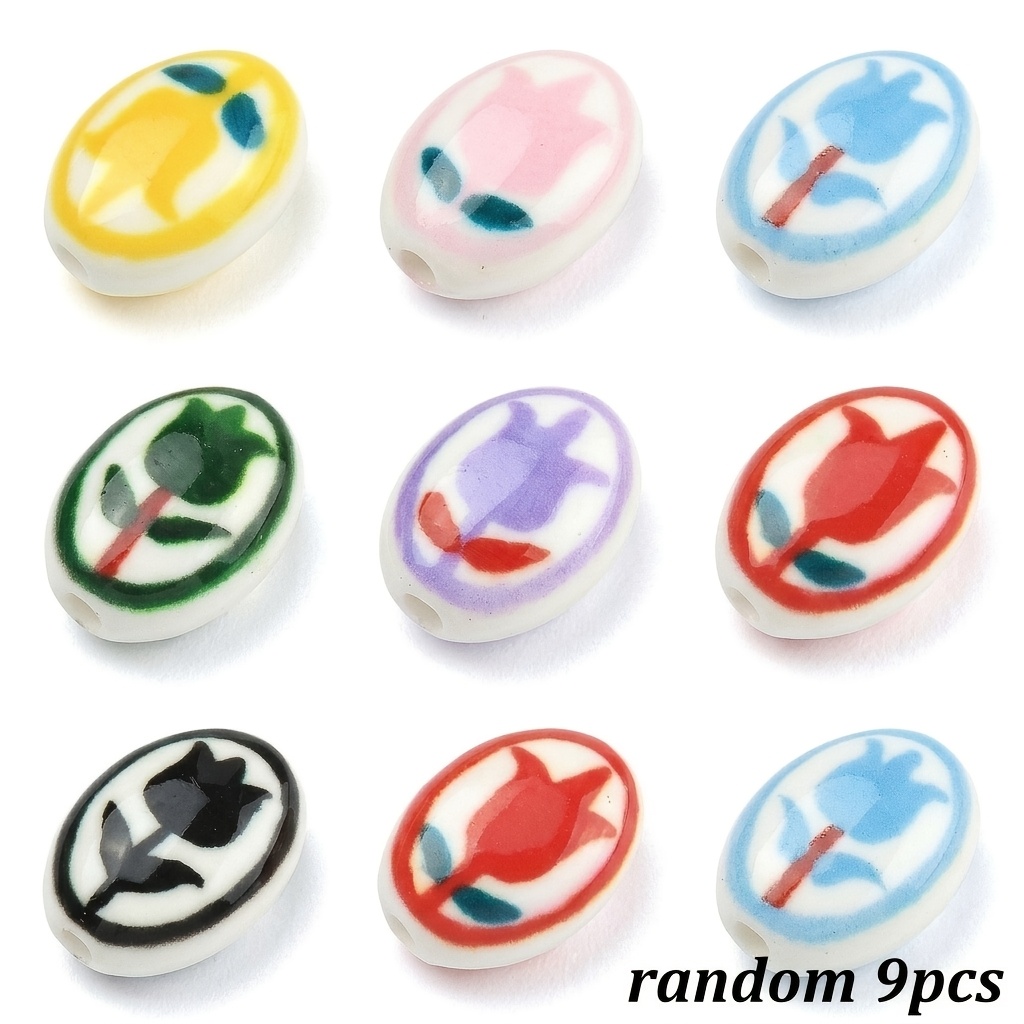 6/9pcs Hand-Painted Tulip Pattern Ceramic Beads, Bohemian Style