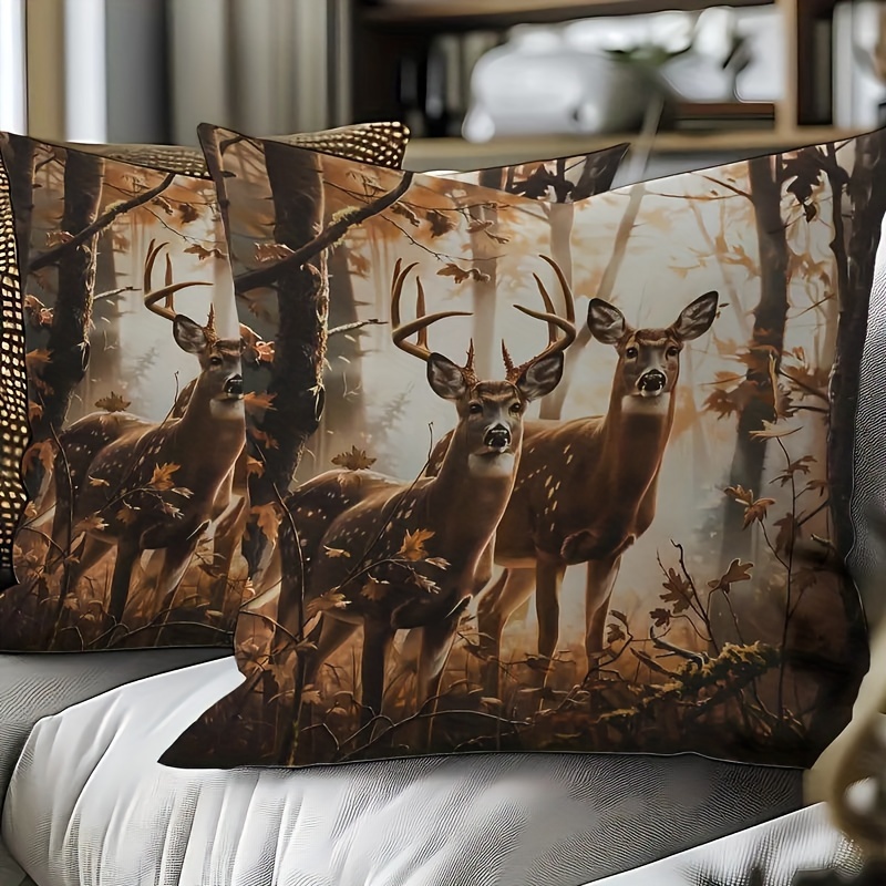 TEMU 2pcs Rustic Forest Deer Polyester Throw Pillow Covers, 18x18 Inches, Zip Closure - Perfect For Sofa, Bedroom, Living Room Decor