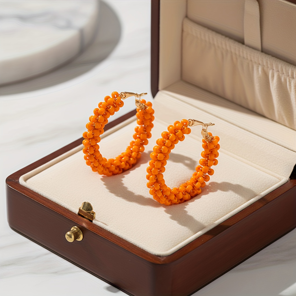 TEMU 1pc Boucles d'oreilles de mode pour femmes, Boucles d'oreilles cerclées artisanales avec perles orange de riz, Style bohème adapté au port ,
