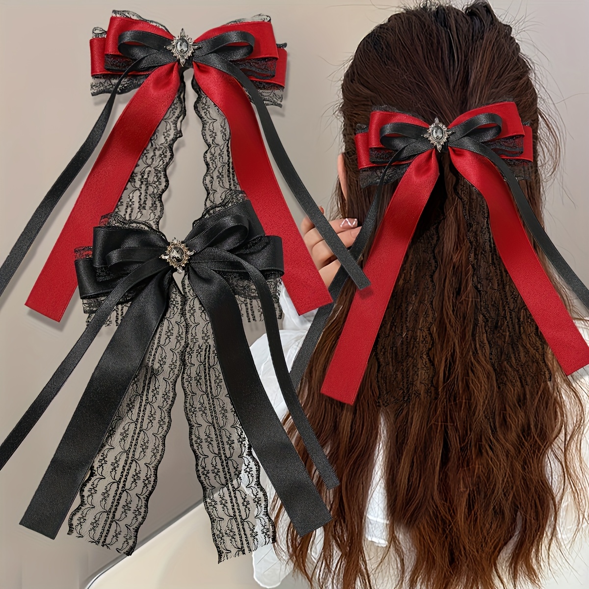 2pcs gothic lace bow hair clips, women display picture 2