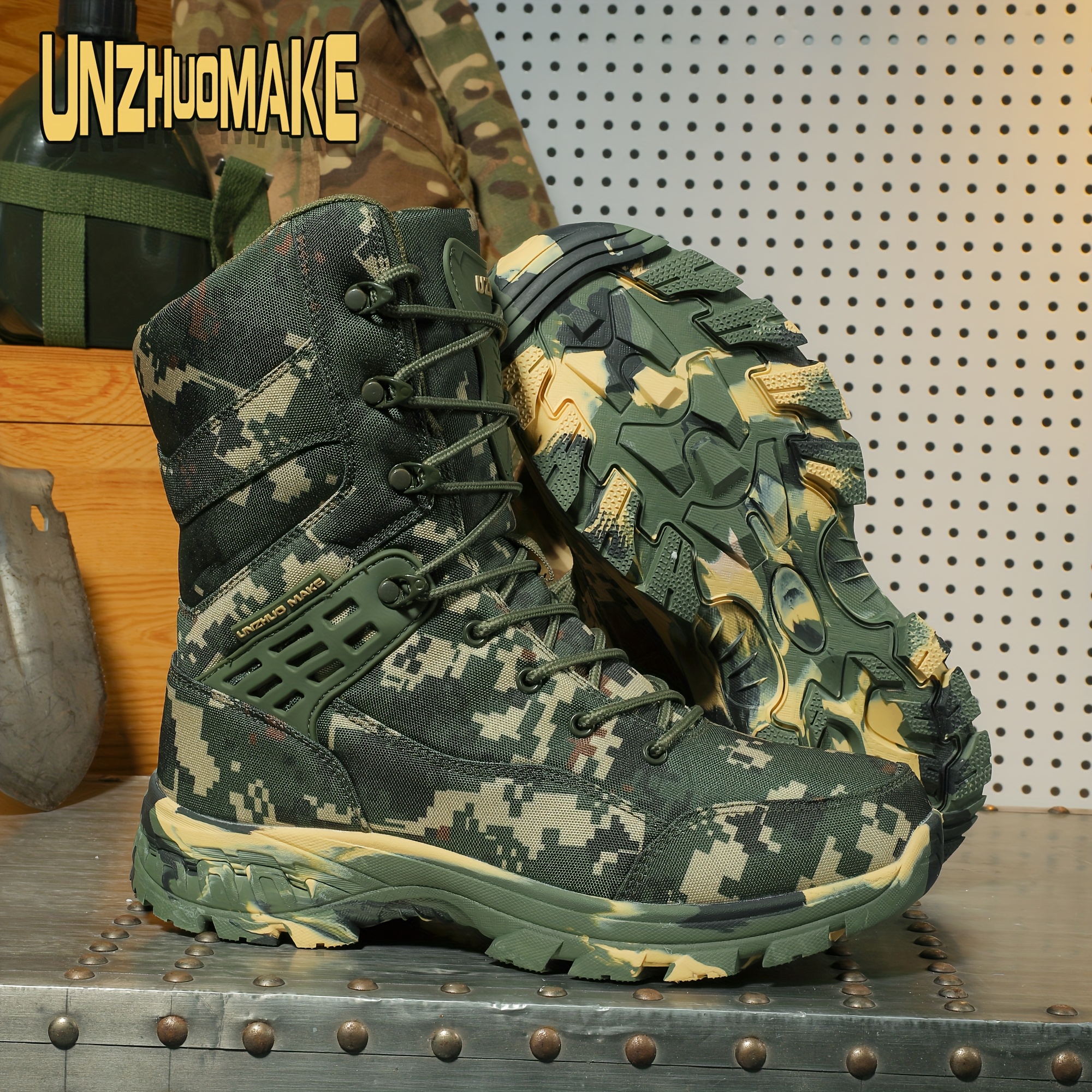 *'s Camo Hiking Boots -Like (No actual) -Slip Rubber Sole, Full-Zip  *-Calf/Ankle, Heavy-Duty Camo Pattern (Green/Brown/Black) for Outdoor,