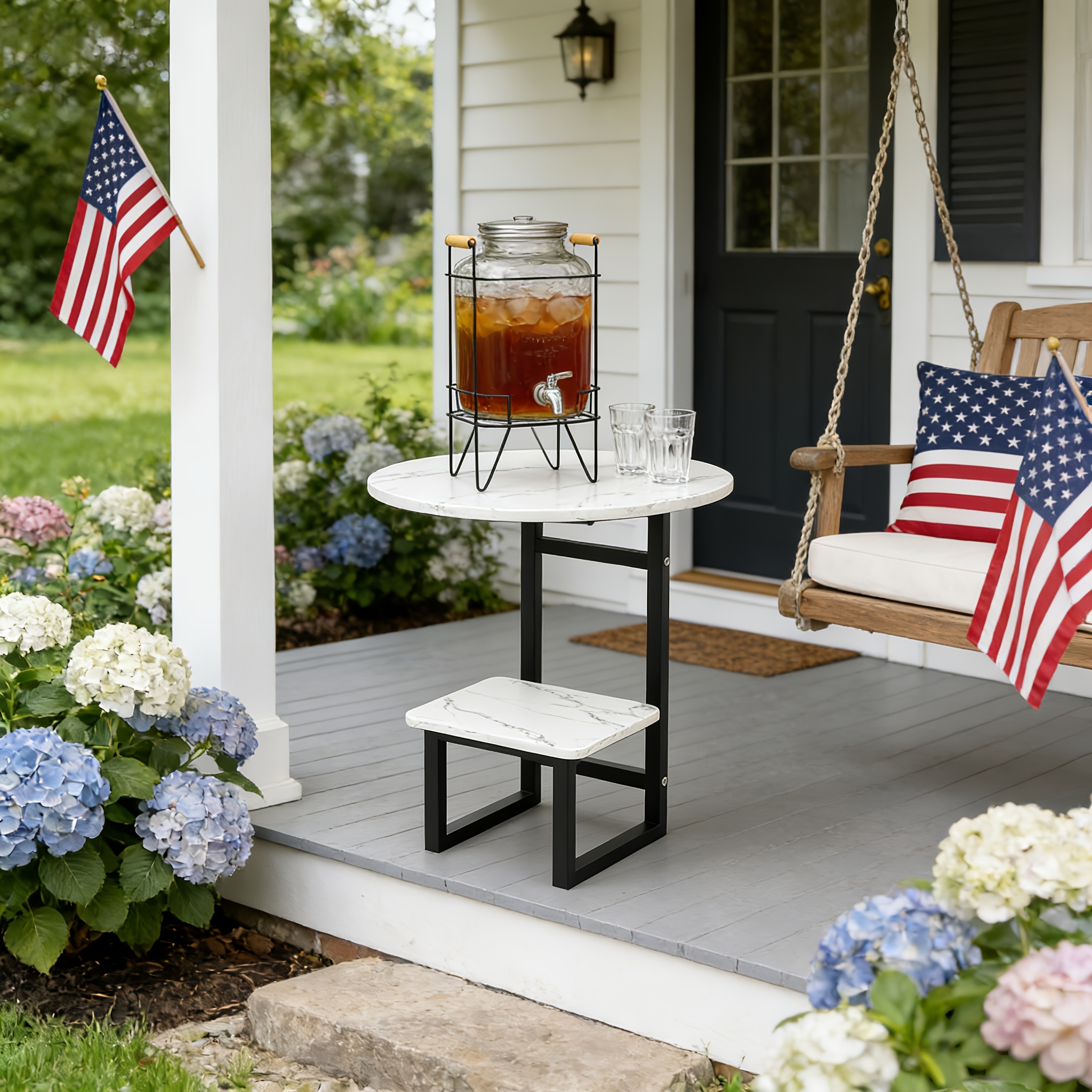 [Outdoor Round Side Table] Outdoor Round Side Table With Double-Layer Storage Shelf, MarbleTexture Imitation Stone Courtyard End Table, Sturdy Black Metal Frame, Weather-Resistant Side Table Is Suitable For Balcony Coffee Corner, Small Space Courtyard/Terrace/Balcony Furnitur