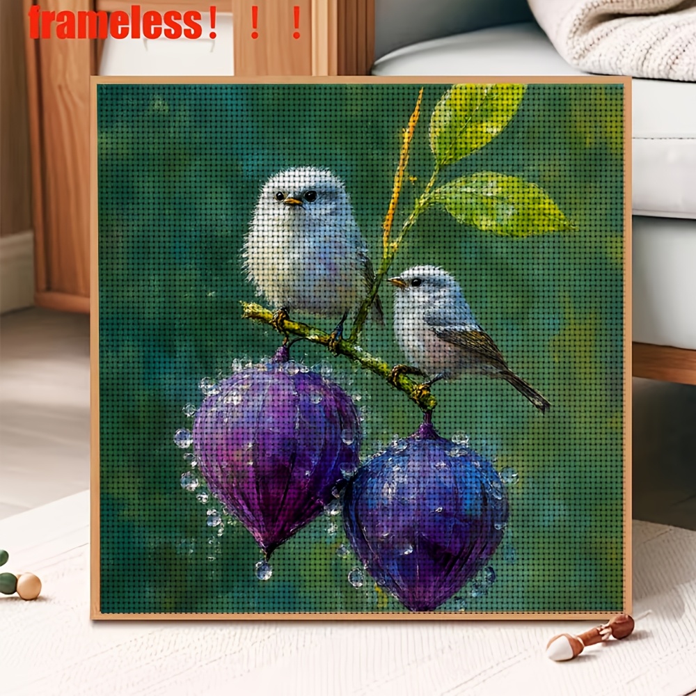 Printed Cross-Stitch DIY Kit, Two Birds Perching on a Purple Fruit Branch