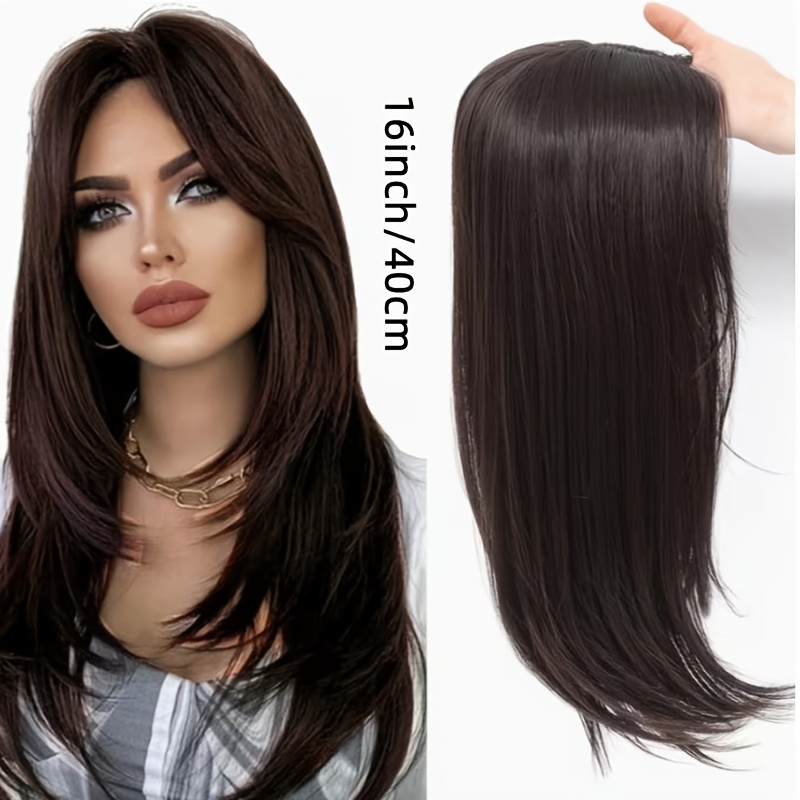 TEMU Perruque avec foulard de tête de 16 pouces, conçue , pour les cheveux fins. Elle une grande pièce de cheveux raides, une perruque toutes avec