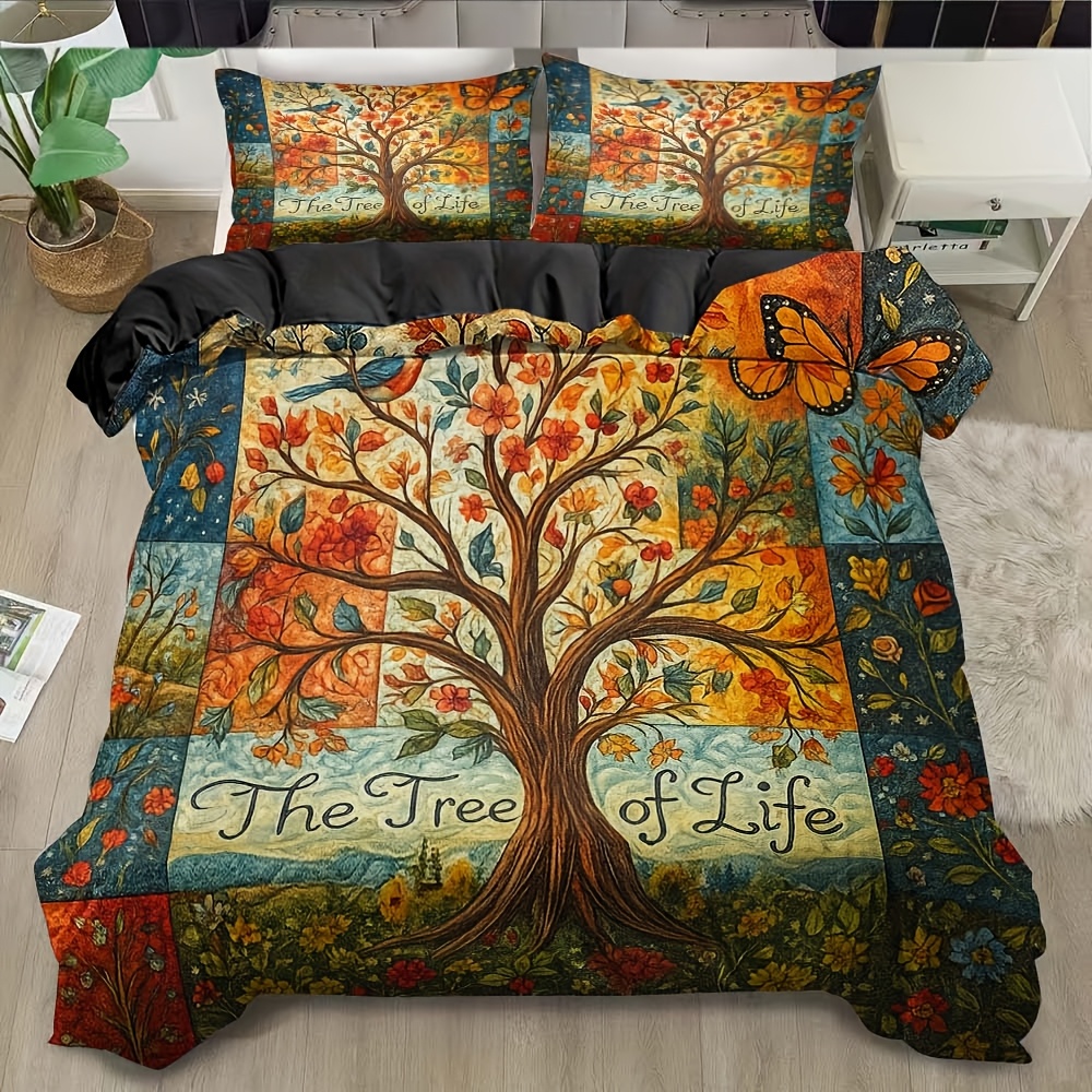 TEMU 3pcs Bedding Set Style Tree Of Life Floral And Polyester Printed Duvet Cover Set, The Set Does Not Filling, The Fabric Is Soft And Comfortable,