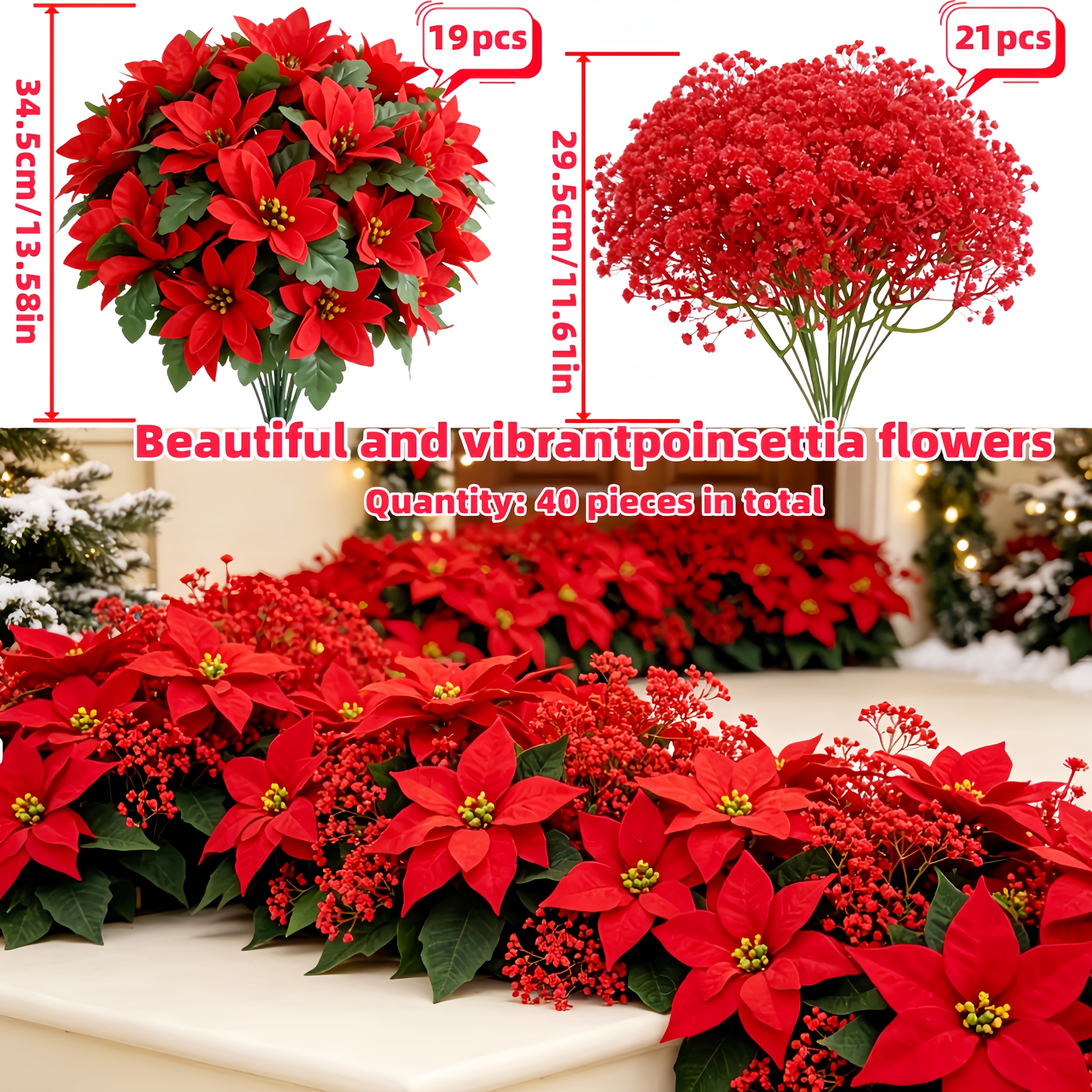 TEMU 40pcs Realistic Artificial Poinsettia Bouquet With Dense Red Baby's Breath & Wide Foliage - Fade-resistant Suitable For Christmas, Weddings,,