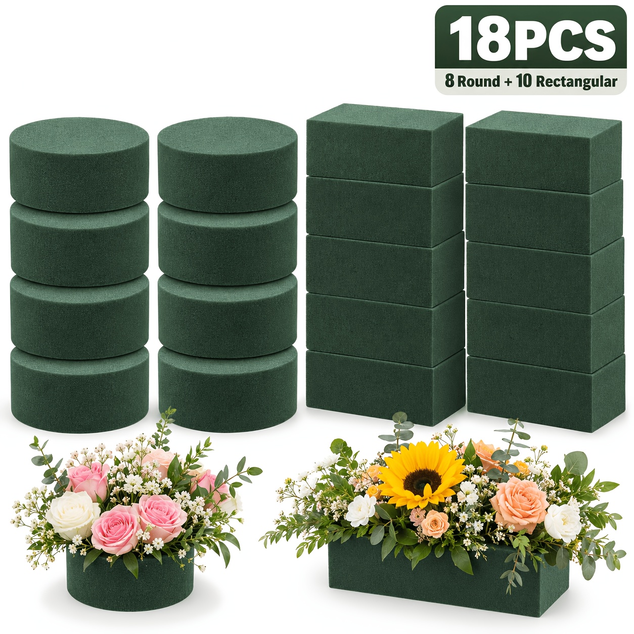 TEMU 18pcs Floral Foam Set, 8pcs Round And 10pcs Rectangular Flower Arrangement Foam Blocks For Floral Centerpieces, Wedding Event Party Home Flower