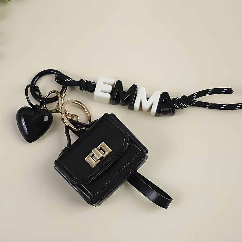 TEMU 1pc Personalized Mini Bag Charm Keychain With Custom Name/text, Heart & Letter Beads - Interlocking Charms Design, Customizable Gift For Women,