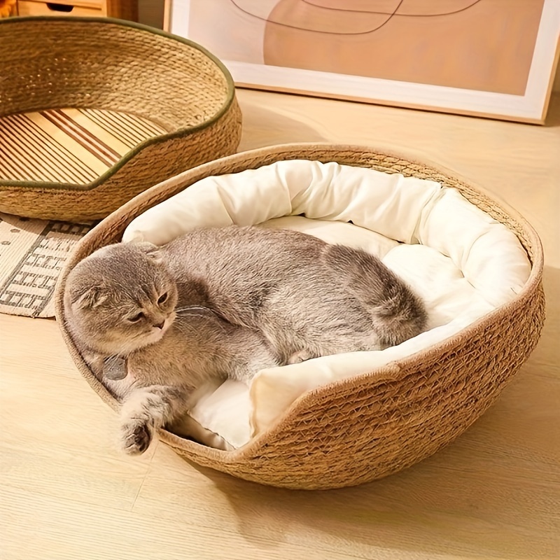 

Large Round Woven Cat Bed With Removable Cushion - Autumn And Winter Season Nest, Light Yellow, Polyester, Detachable Design, Suitable For Cats