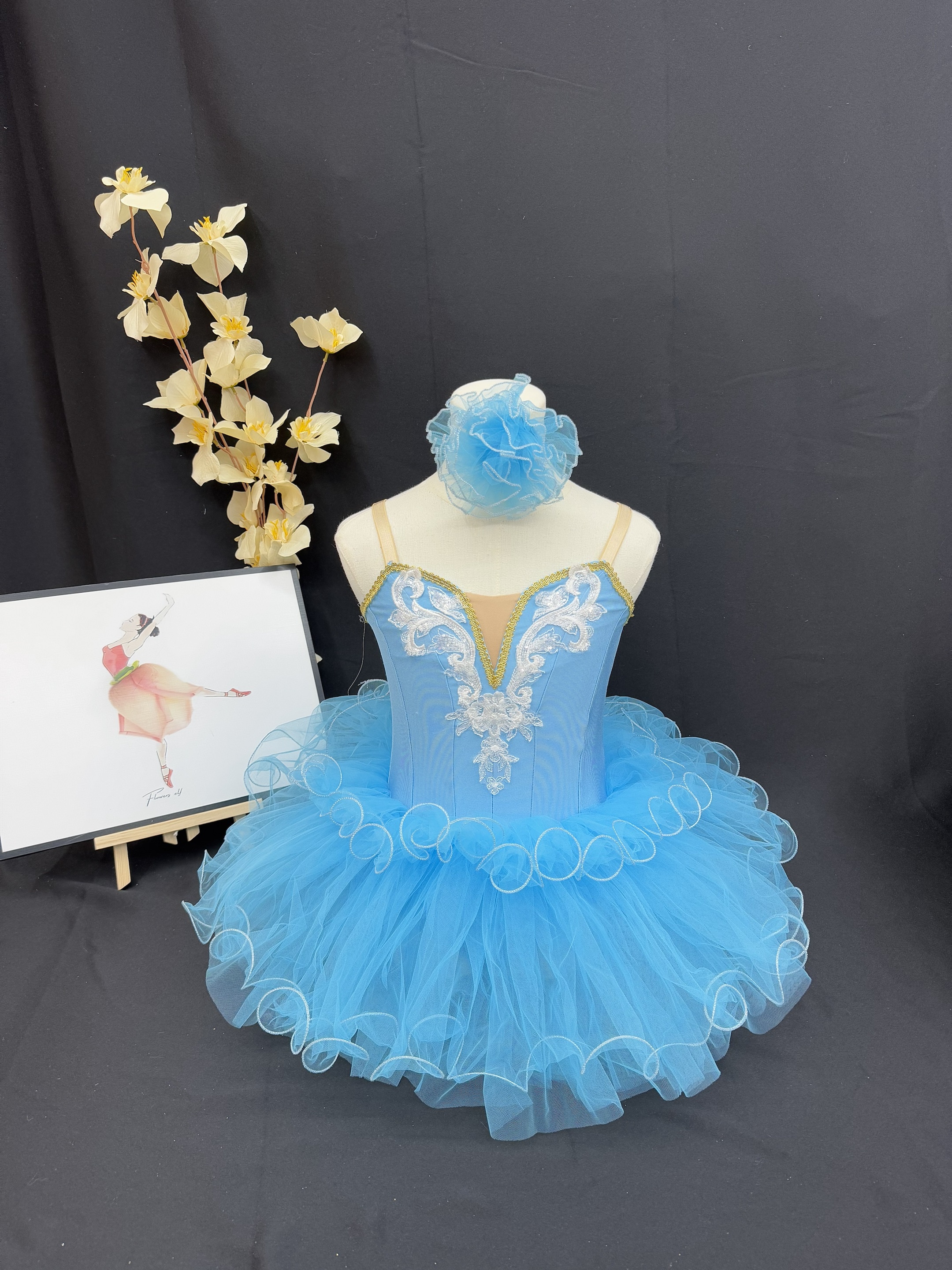 open lace back dress Baby/Toddler Aosta S25 Lettuce Edge Pointelle Ribbed Top Organza Bow Tutu Dress(3m-5y)- 2 Colors Sky Blue / 3-4Y