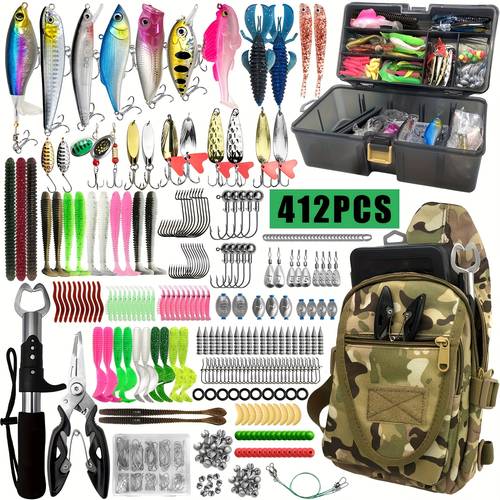 88 139 412pcs fishing tackle set with storage box waist pack or backpack soft baits hard baits fish hooks sinkers spinnerbaits lures perfect enthusiasts