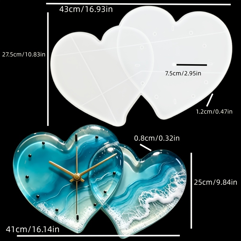 E-shop Harz Silikonform 43 cm/16,93 Zoll Herzförmige Uhr Harz Silikonform Herz zu Herz Form Uhr Harz Tropf Silikonform Heimdekoration Uhr Zeit Harz