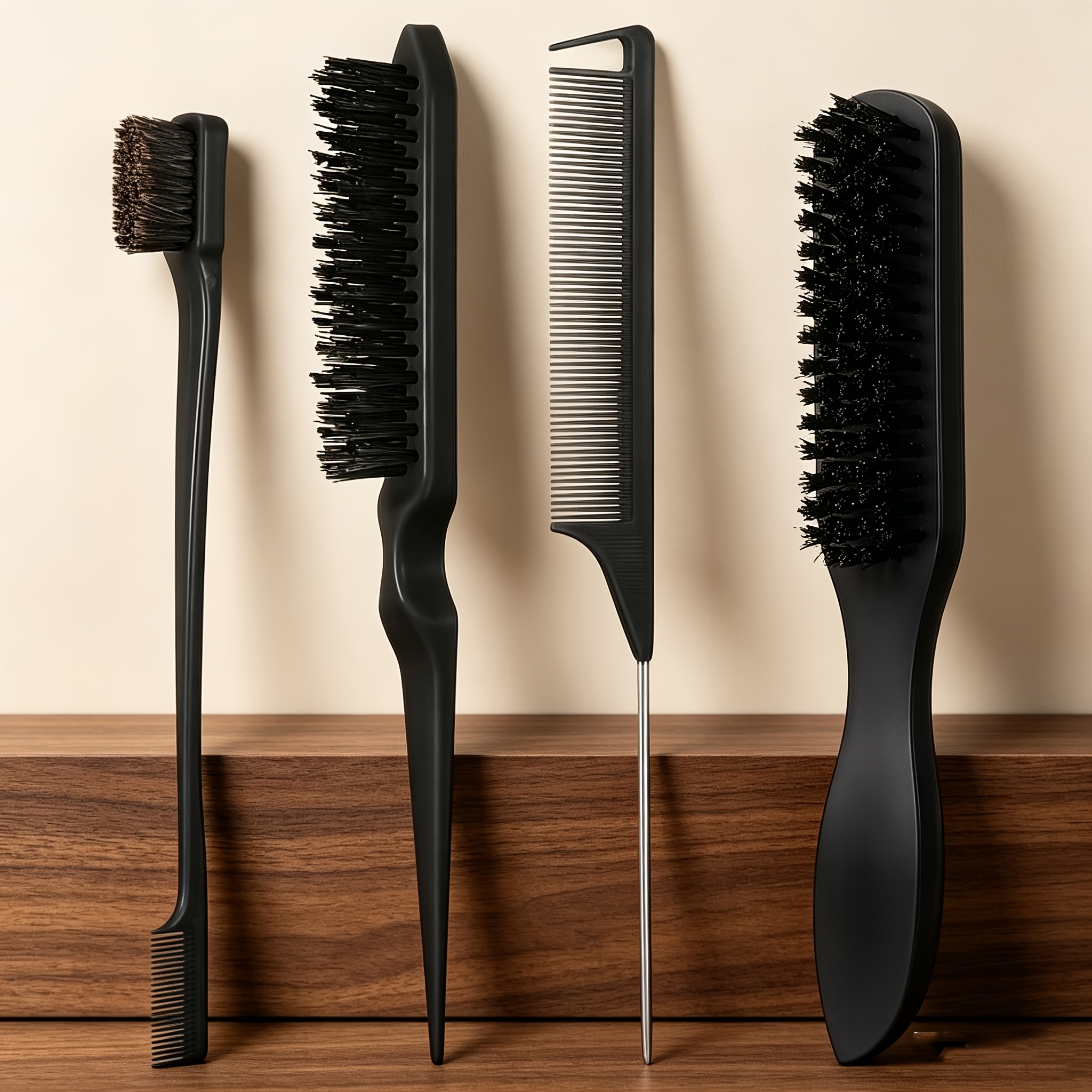 TEMU 4pcs Comb Styling Set With Steel Needle Pointed Tail Comb, Nylon Hair Brush, Edge Control Brush, Suitable For Various , Suitable For Men And