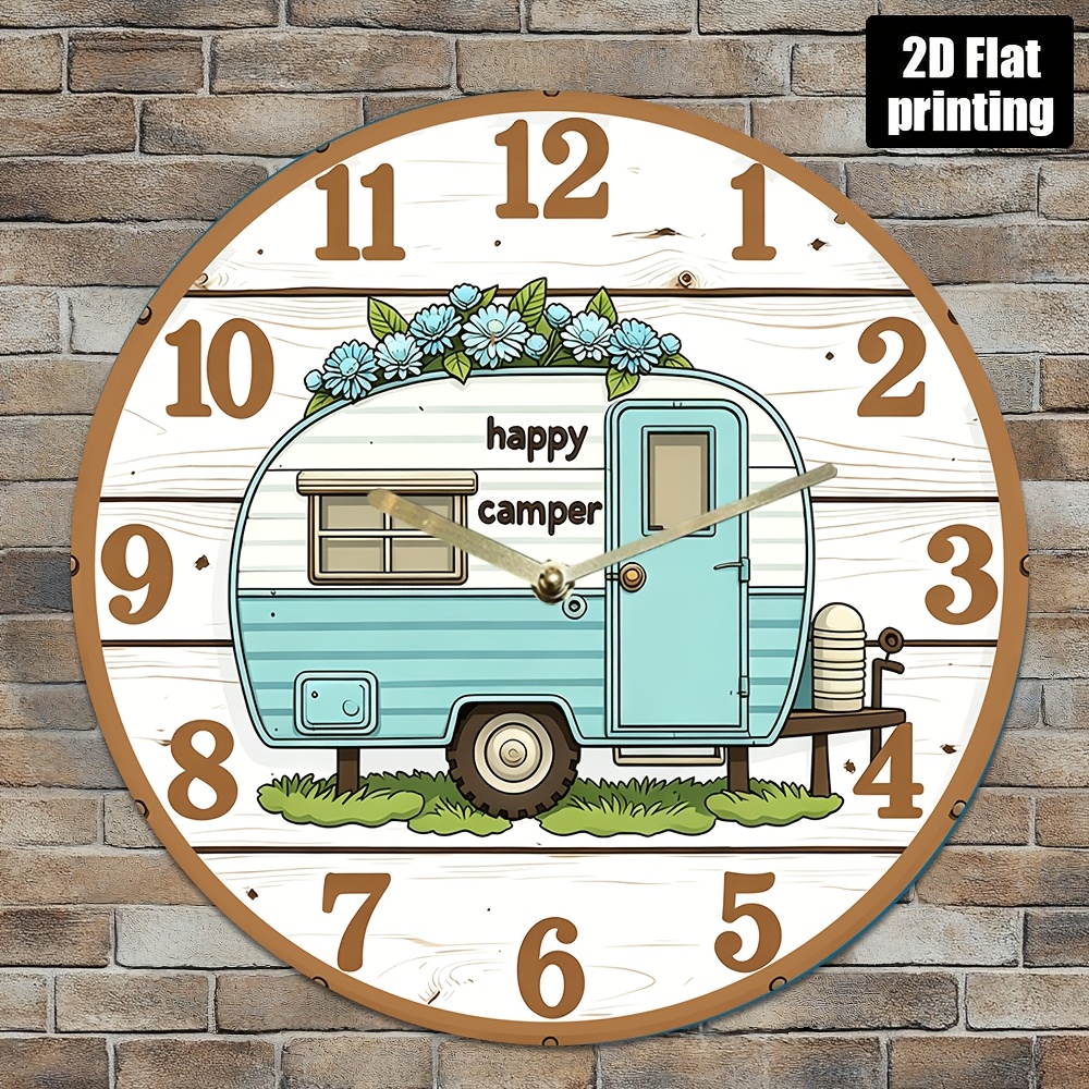TEMU 2d Flat 7.87-inch Silent Wall Clockacrylic Design With Van Illustration And Floral Decorations. For Homes, Bedrooms And Coffee Shops, Perfect As