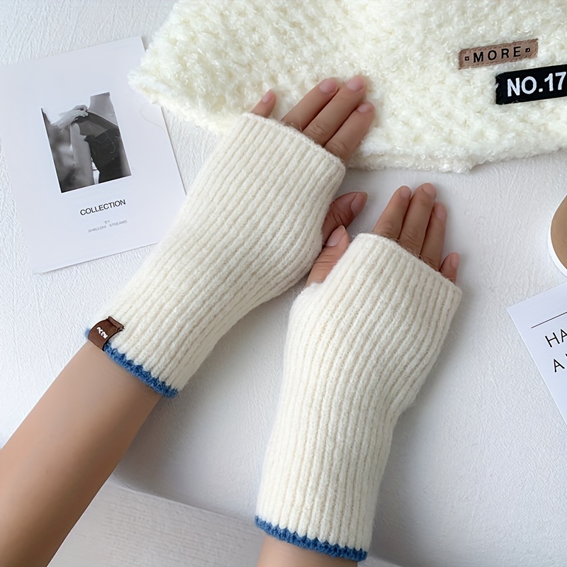 TEMU Chic Striped Knit Fingerless Gloves For Women - Warm, , And Cozy With Button Detail