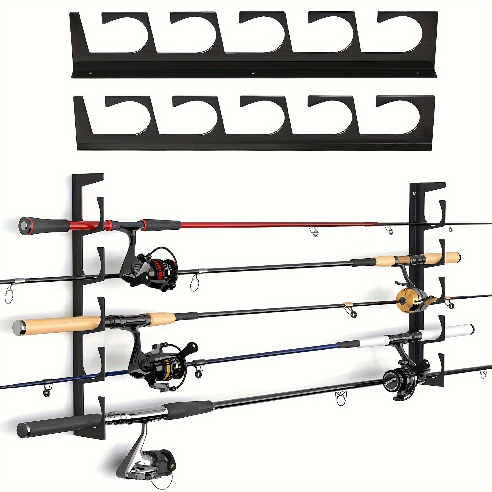 

Fishing Rod Pole Holders - 5 Fishing Rod Pole Holder Storage For Wall & Garage Ceiling Mount, Great Fishing Rod Rack Fits Most Fishing Rods