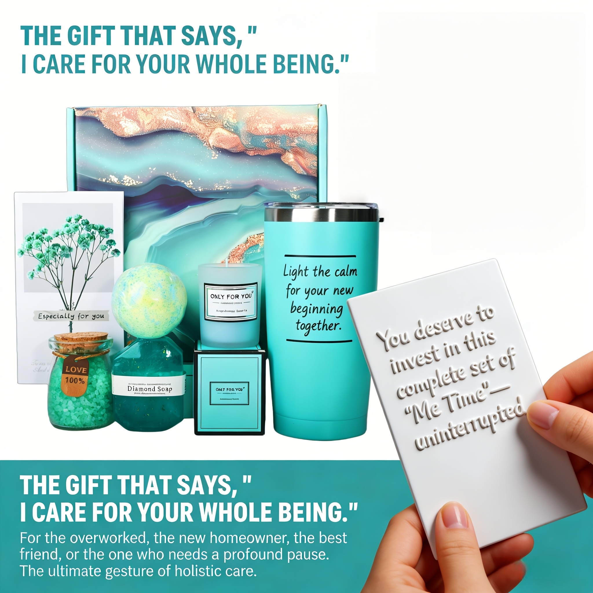 Elegant Teal Spa Gift Set - Bath Gift Set for Women, Includes Bath Bombs, Bath Salts, Insulated Mug, Scented Candle, Postcard, Soap. Perfect Gift for Birthdays, Valentine's Day, Thanksgiving, Christmas, New Year's, Anniversaries, and Easter Baskets