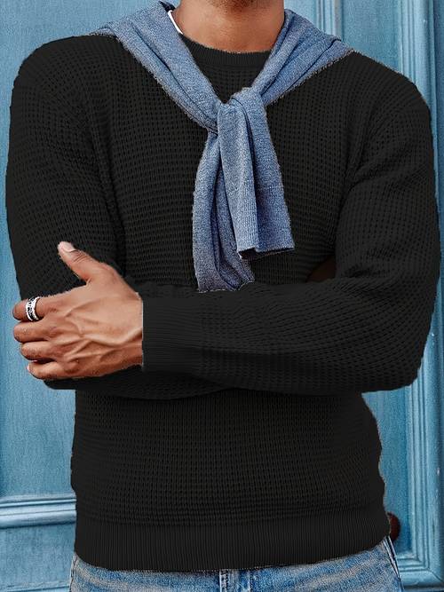 new solid color round neck pullover sweater for men long sleeve knit