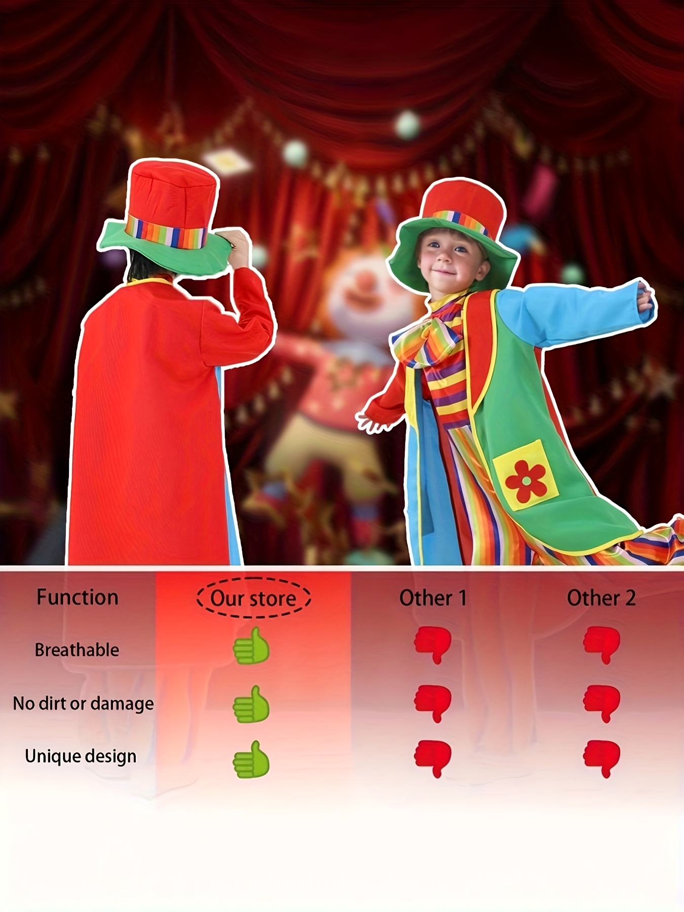 Tenue de clown arc-en-ciel pour les jeunes - Combinaison à rayures colorées avec nez rouge et patch vert, overols bleus, 2 poches, tissu non extensible, parfait pour les fêtes et les spectacles, design ludique | Ludique | Tissu durable