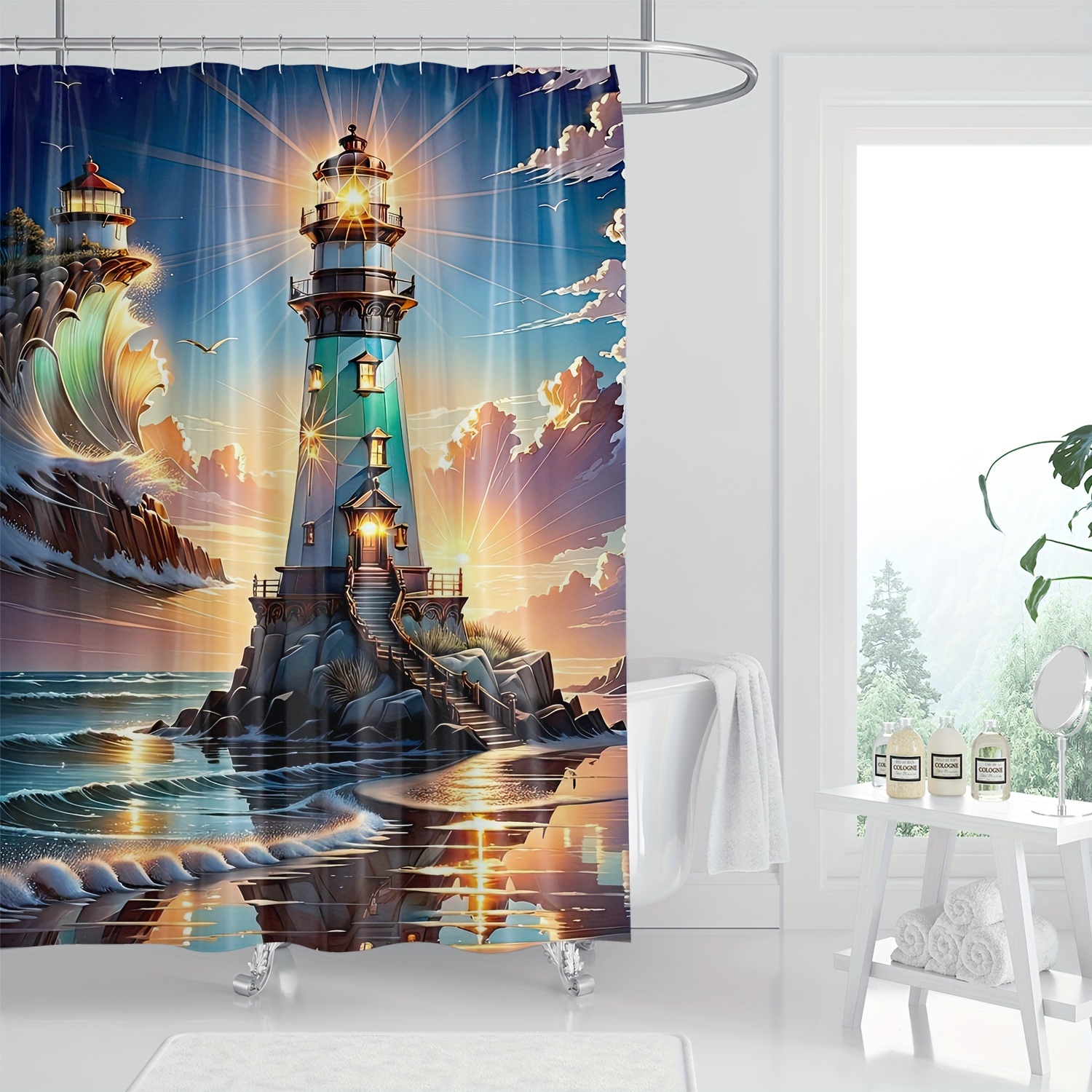 

1pc Lighthouse Seascape Digital Print Shower, Ocean Waves Beach Theme Bathroom Decor, Machine Washable Waterproof Bath With Hooks