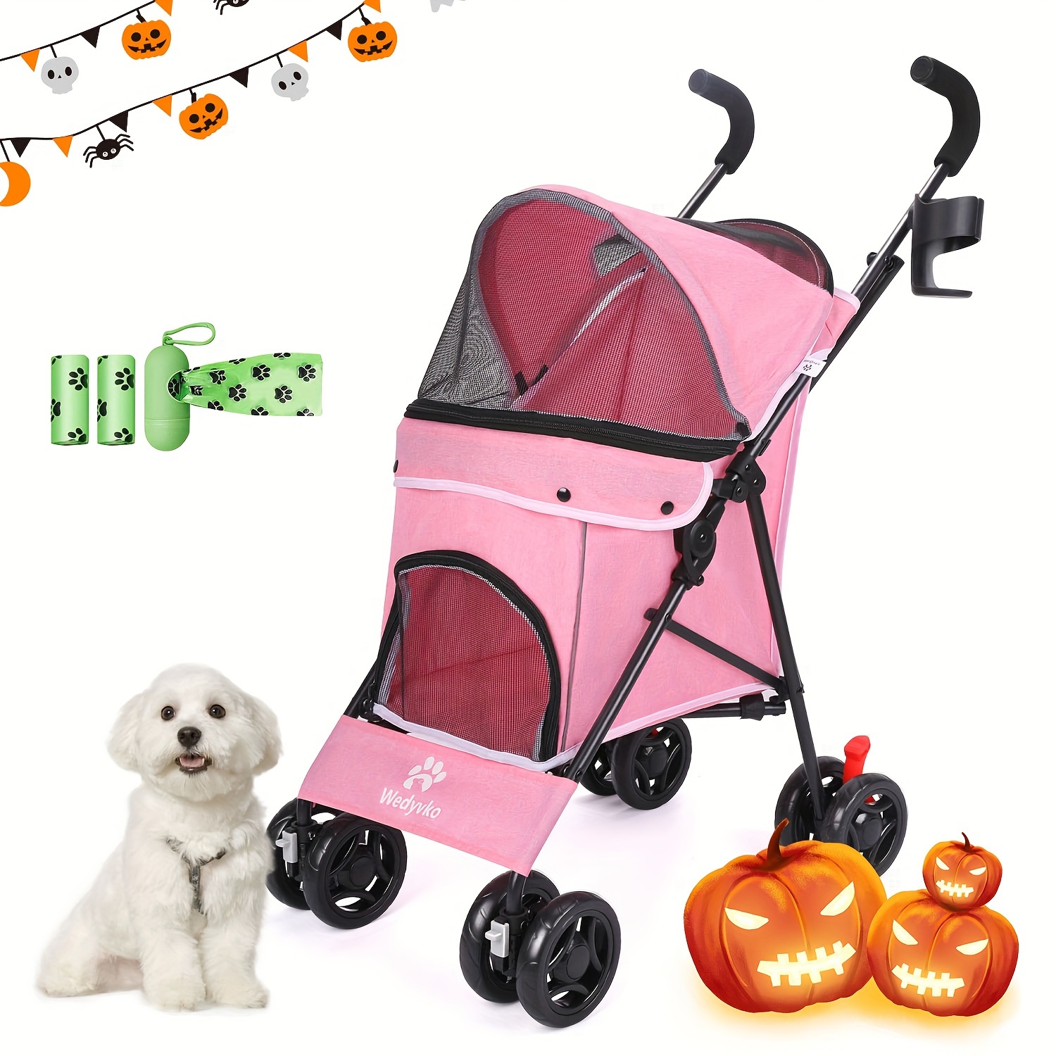 

Dog Stroller, Pet Stroller For Small Dogs Cats, Up To 33 Lbs With Storage Basket & Cup Holder, Pink