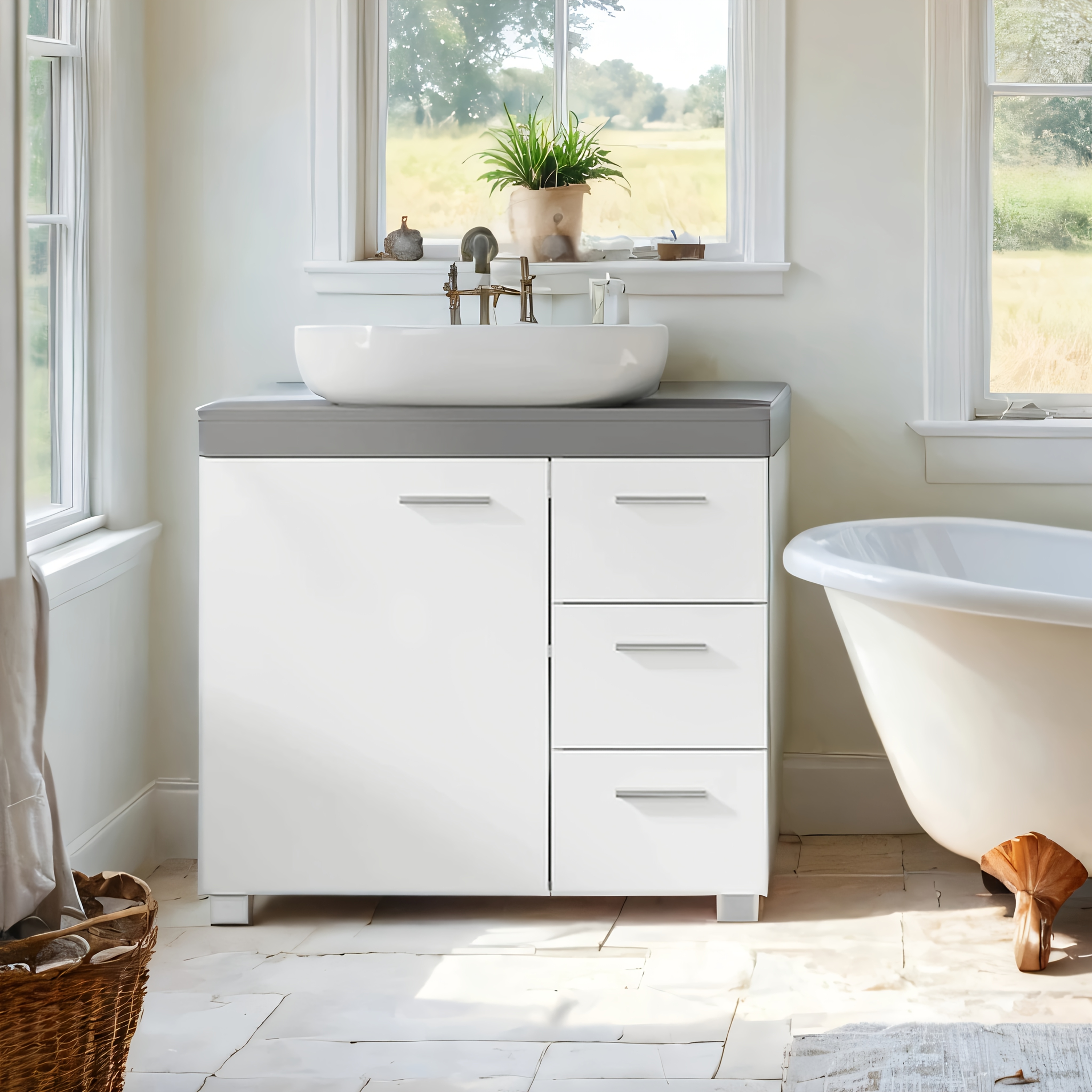 TEMU Armoire Sous Évier, Meuble de Salle de Bain avec 3 Tiroirs, 2 Compartiments