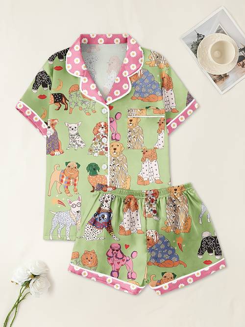 womens casual dog print pajama set short sleeve collared top with front pocket matching shorts soft polyester blend animal patterns loungewear print soft