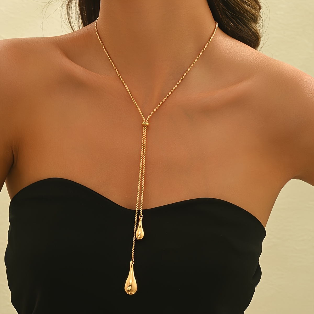 TEMU 1pc New Autumn/winter Women's Fashion Y-necklace, Minimalist Metal Geometric Teardrop Pendant Box Chain With Tassel, Long Sweater Necklace -