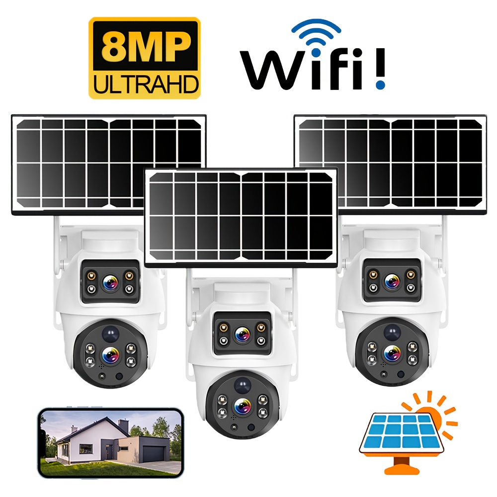 TEMU 3pcs 8mp Outdoor Wifi Solar Dual Lens Camera, Motion Detection, 2 Way Audio, Night Vision, Alarm Push, Support 2.4ghz Network