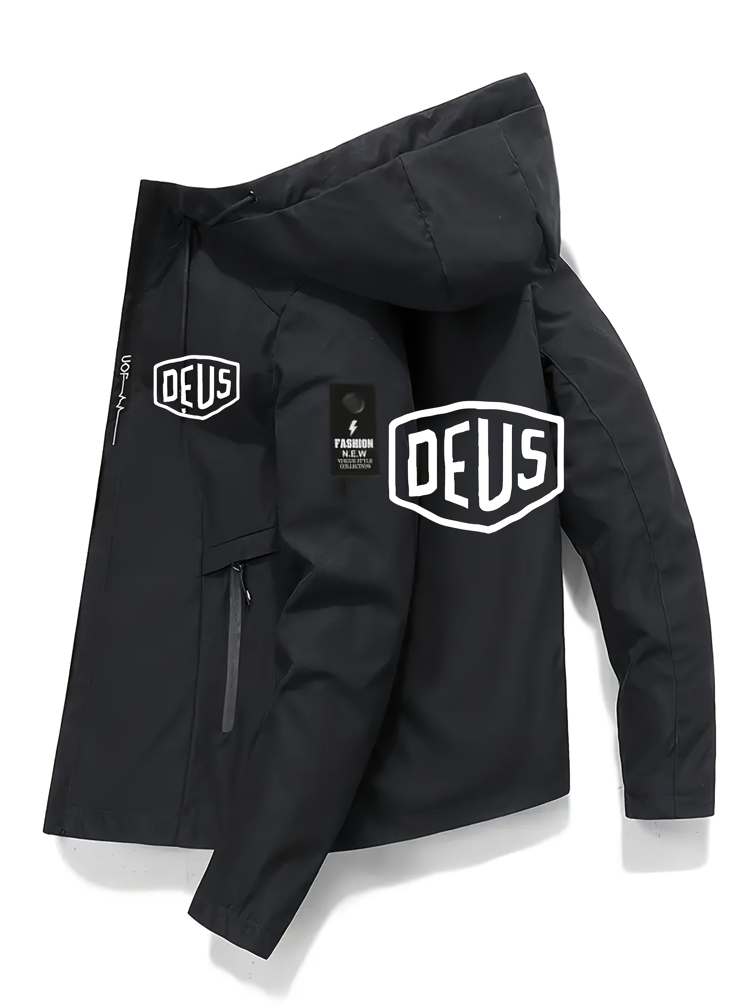 deus mens motorcycle hooded jacket durable polyester with zipper pockets adjustable drawstring hood black red accents machine washable casual outdoor jacket for spring fall motorsport apparel heat transfer print black 0