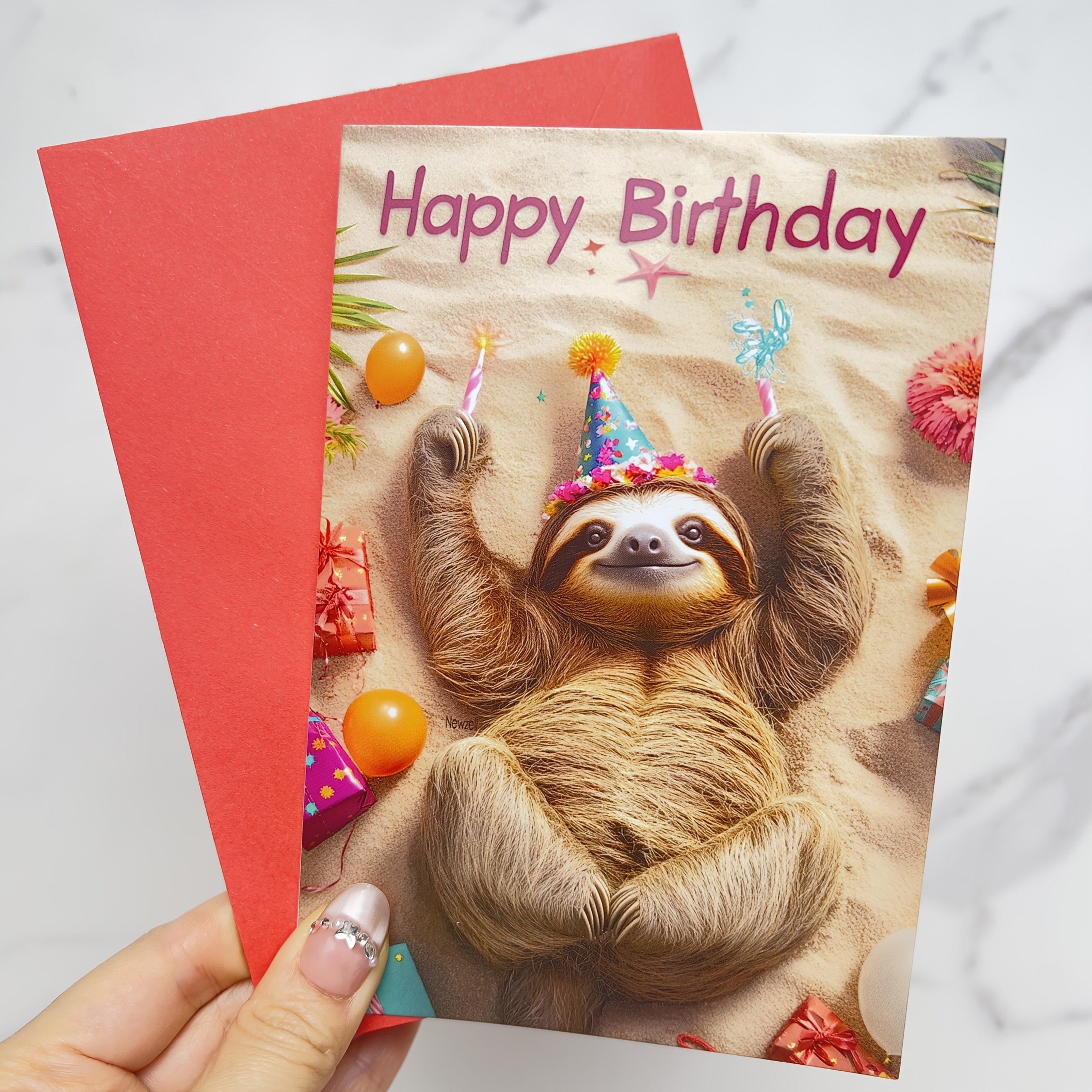 1pc/2pcs Newzeli Sloth Birthday Greeting Card - Beach Design With Party Hat & Balloons, High-quality Textured Paper, Perfect Gift For , Unique Birthday Or